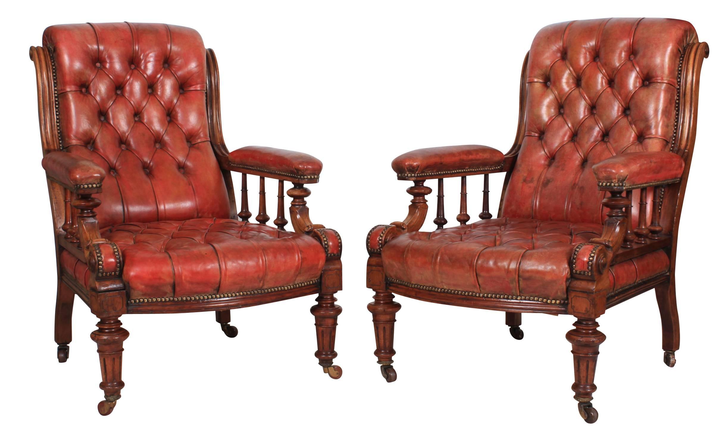 Late 19th Century Superb Pair of Walnut and Leather Library Chairs