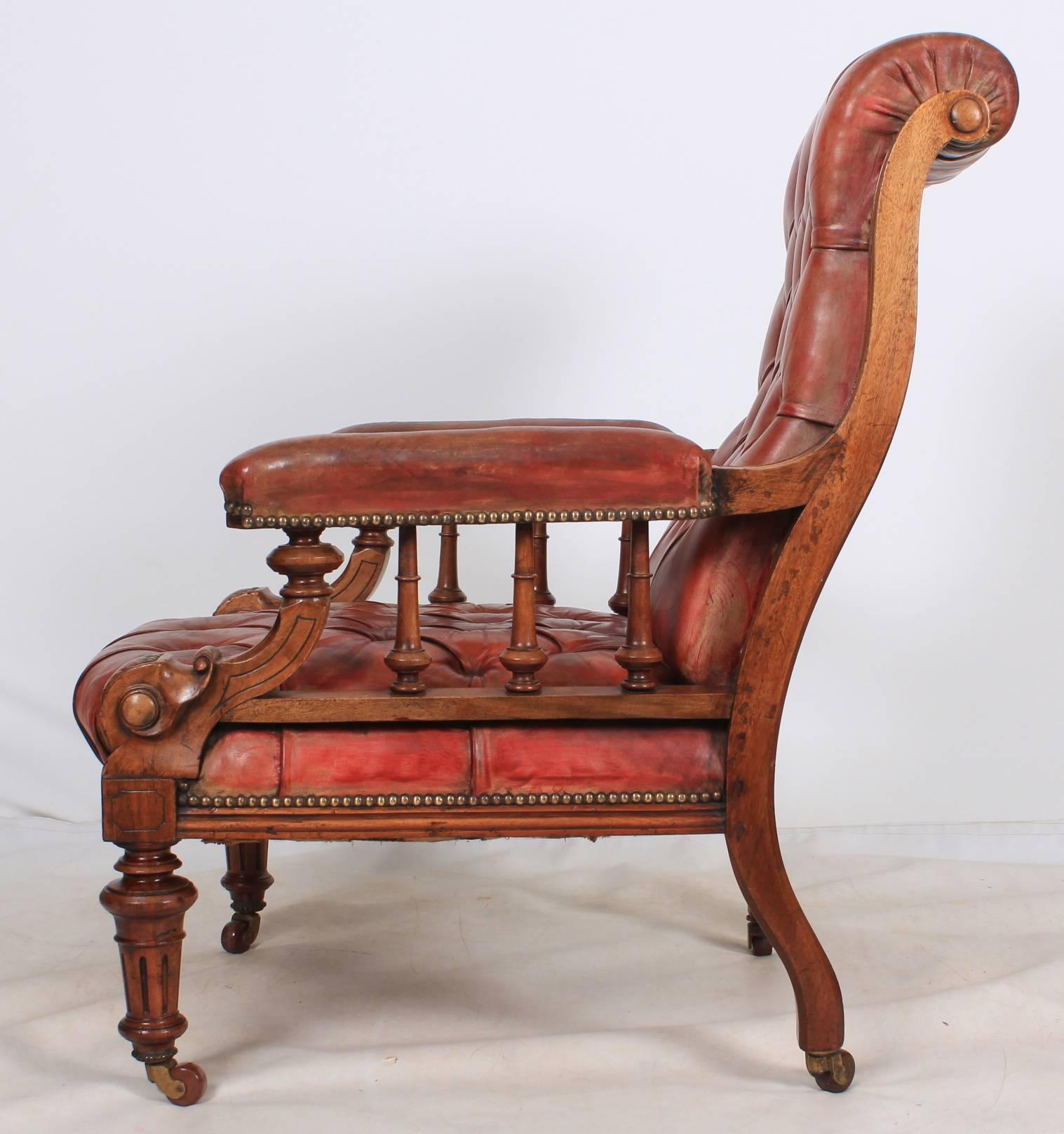 Superb Pair of Walnut and Leather Library Chairs 1