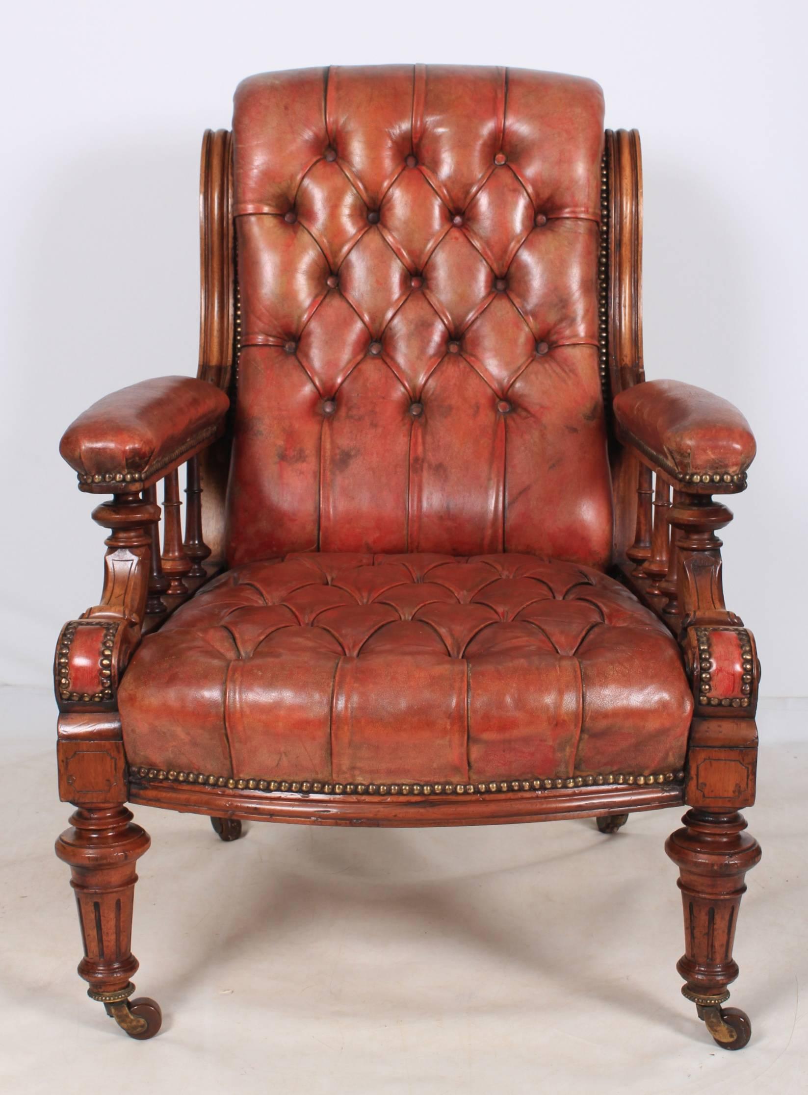 Superb Pair of Walnut and Leather Library Chairs 2