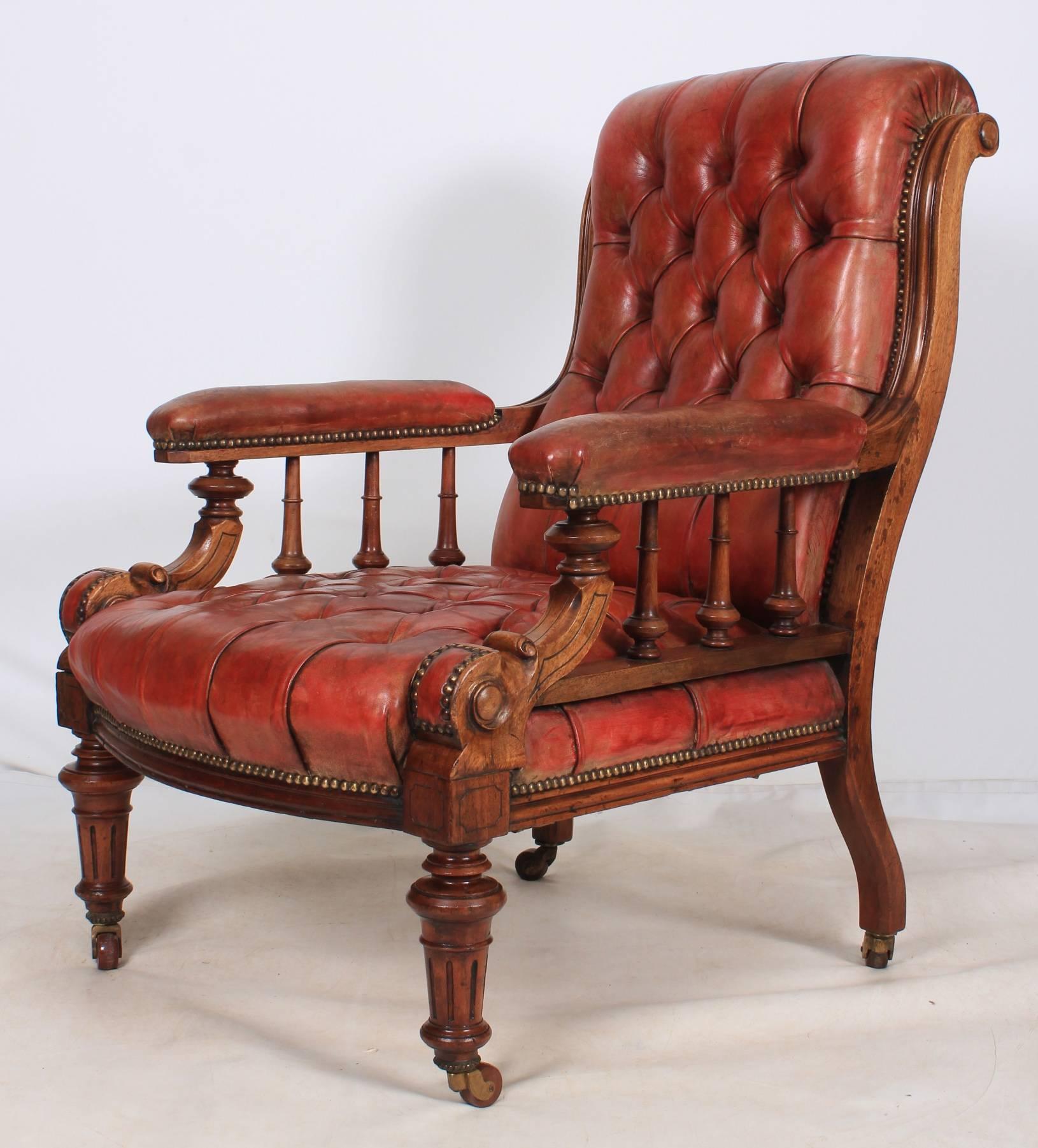 Superb Pair of Walnut and Leather Library Chairs 3