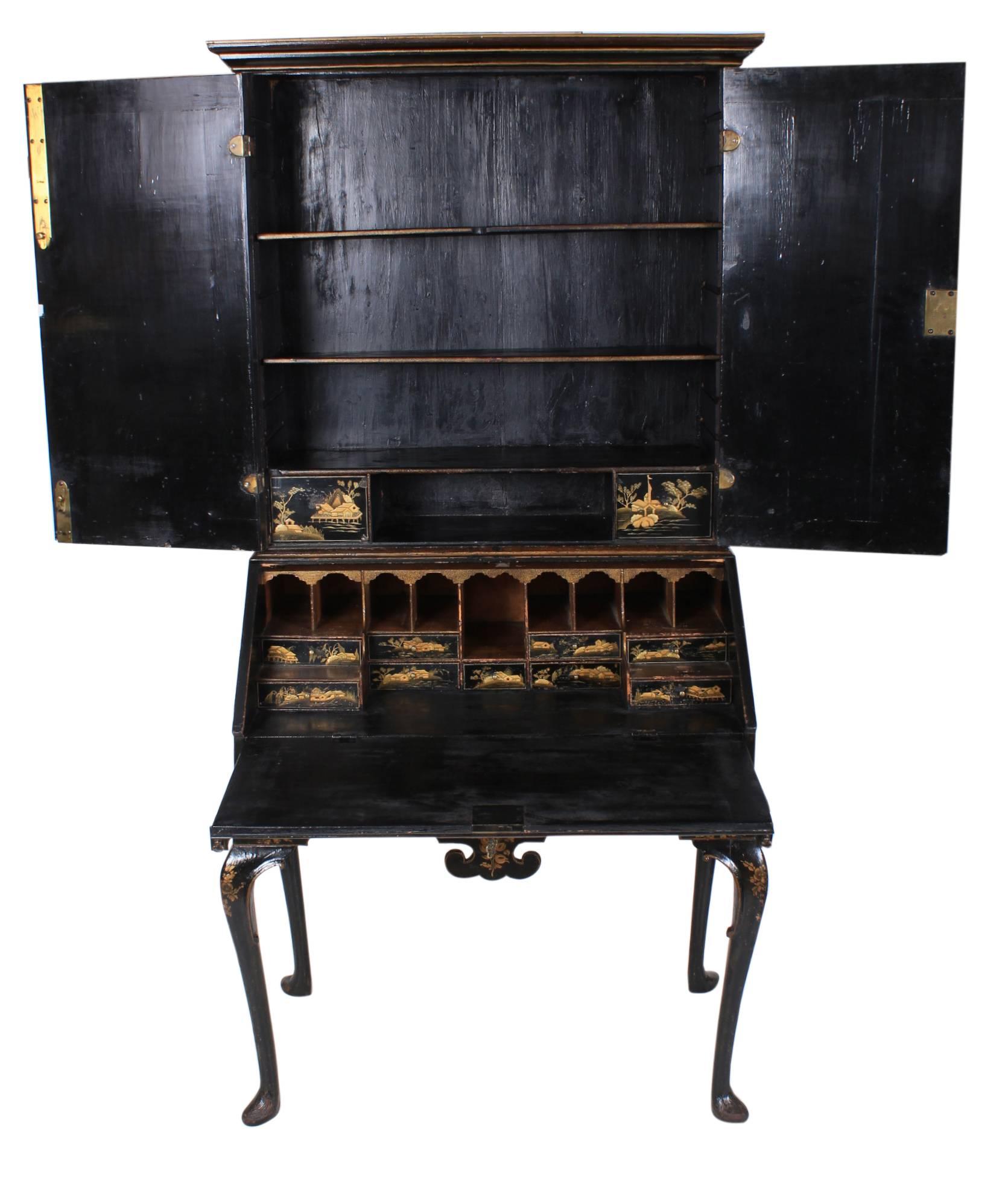 Great Britain (UK) Genuine Early 18th Century Chinoiserie Japanned Bureau Bookcase