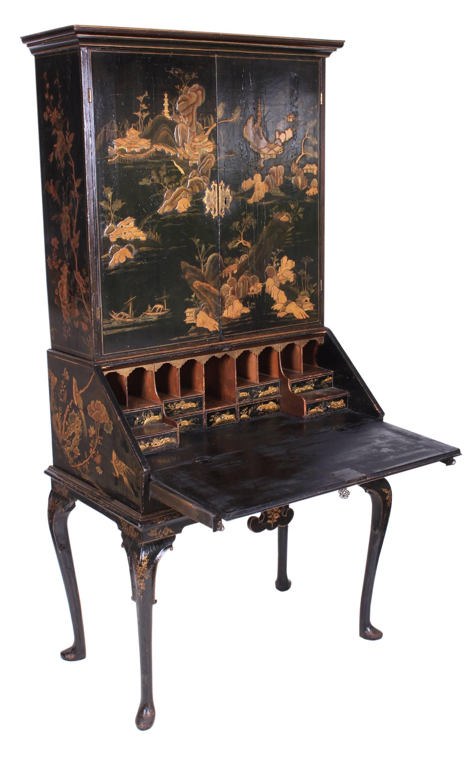 Genuine Early 18th Century Chinoiserie Japanned Bureau Bookcase 1