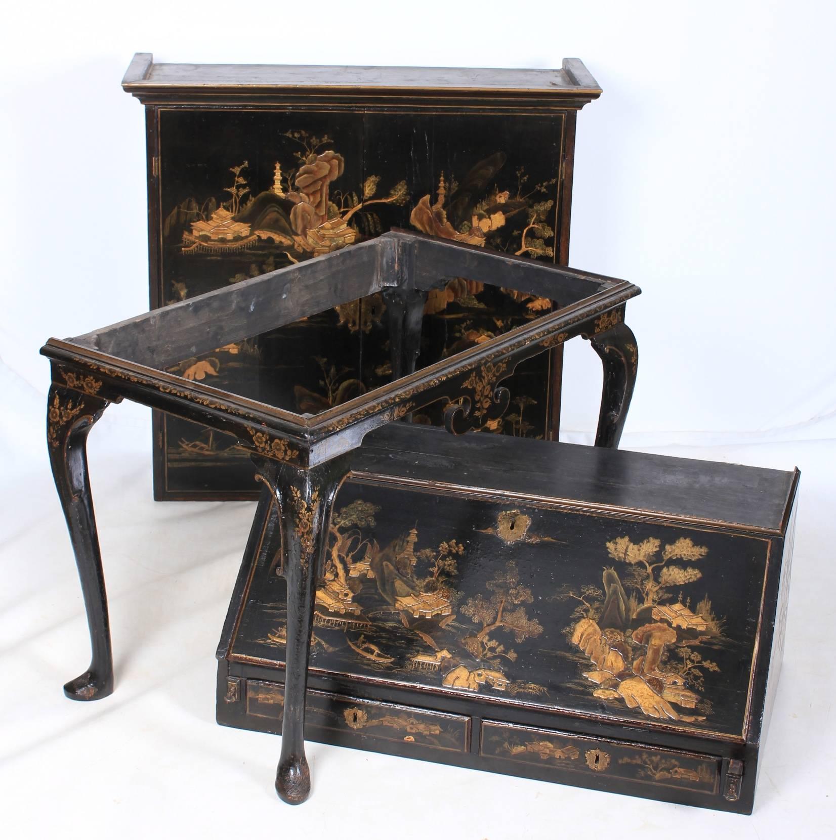 Genuine Early 18th Century Chinoiserie Japanned Bureau Bookcase 2