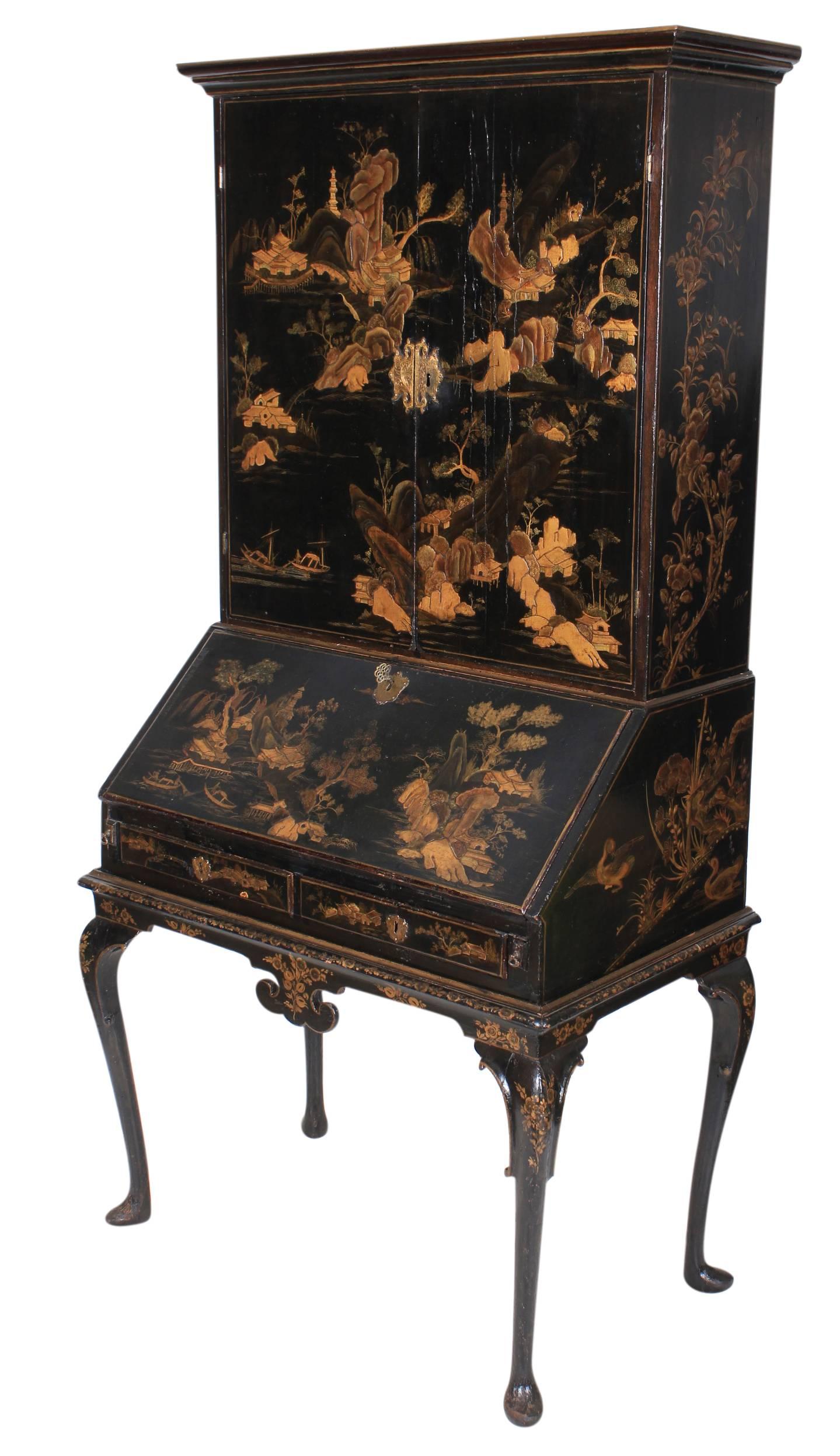 Genuine Early 18th Century Chinoiserie Japanned Bureau Bookcase 5