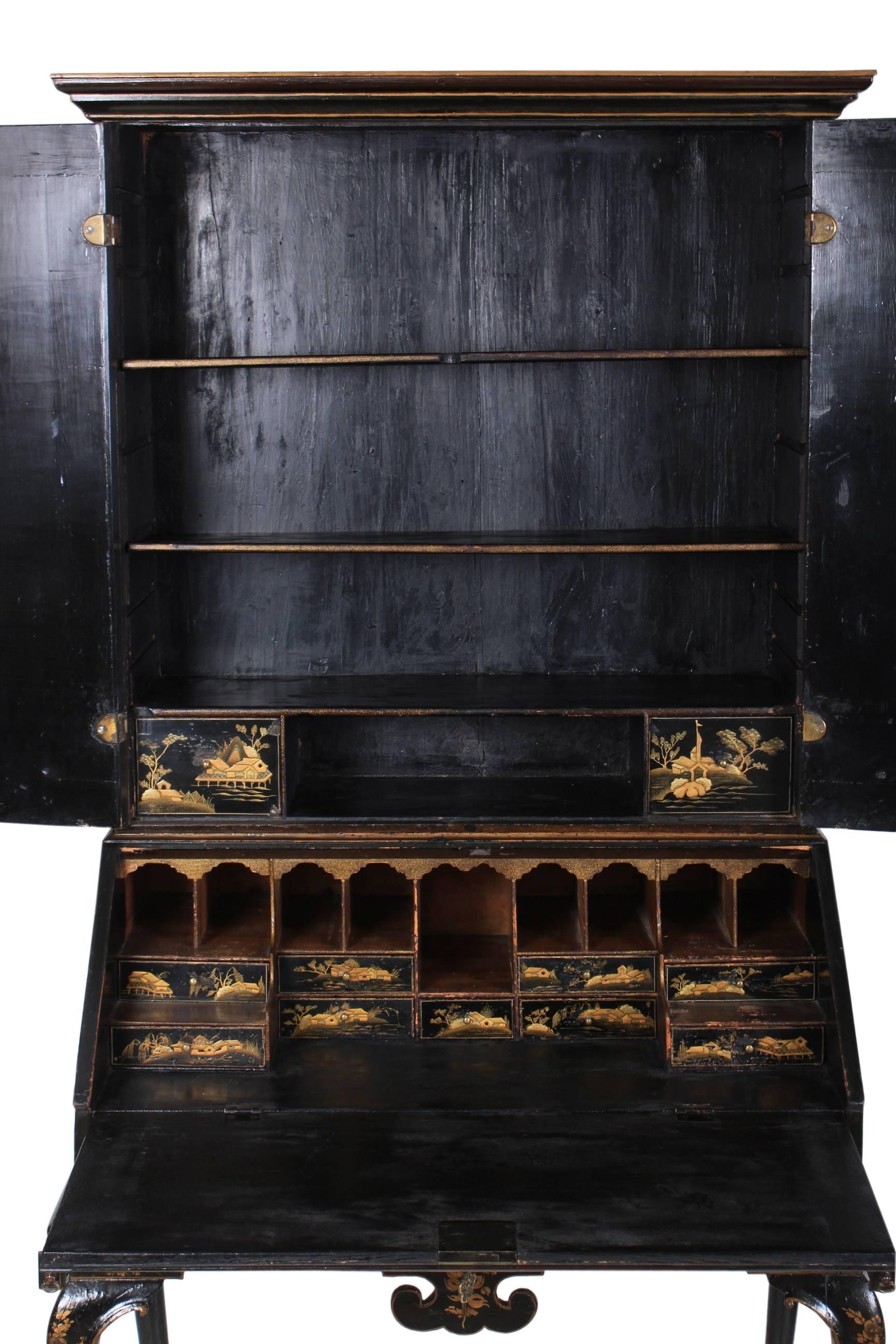 Genuine Early 18th Century Chinoiserie Japanned Bureau Bookcase 6