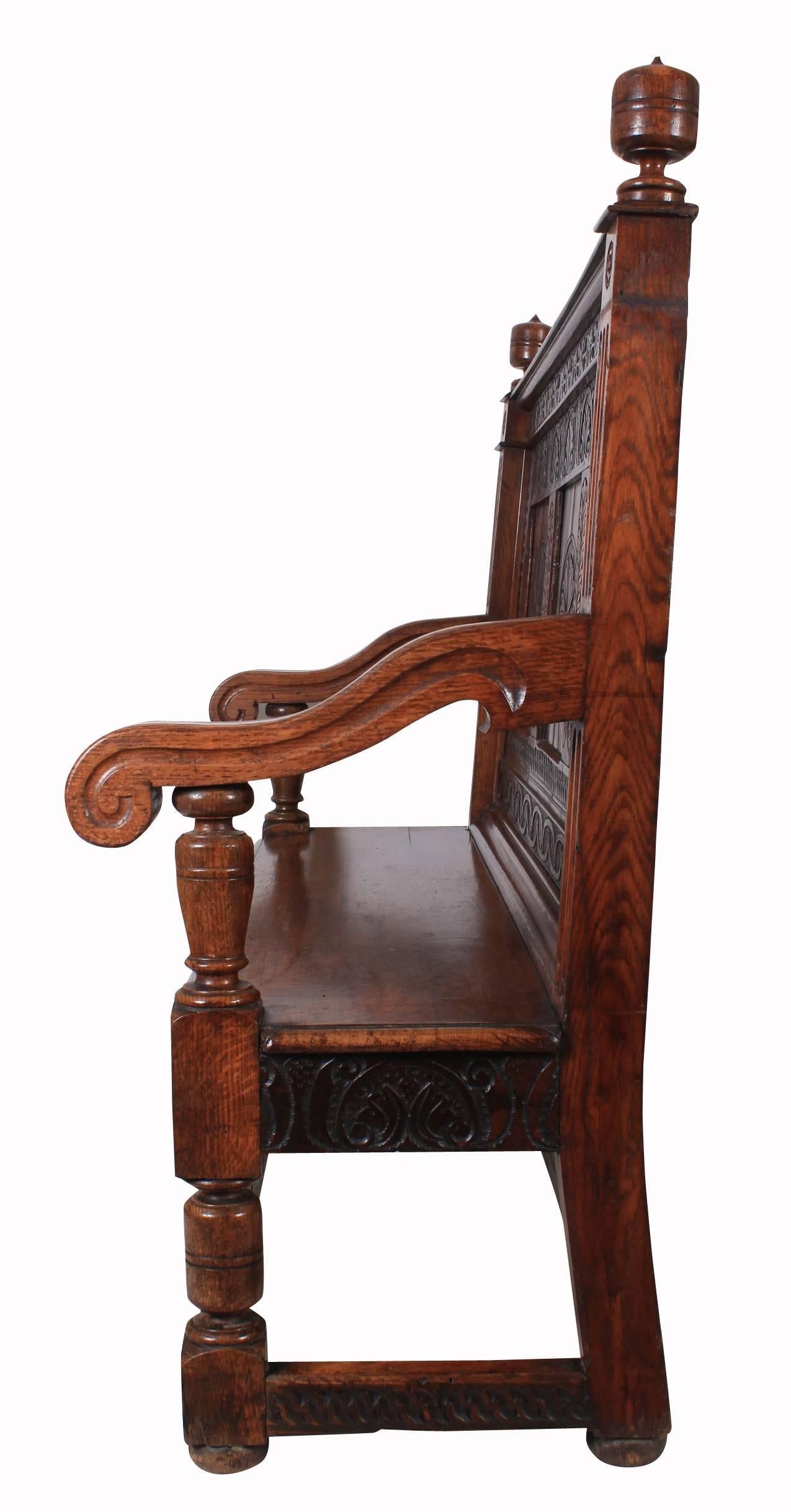 English, circa 1880.
A chunky carved oak bench offered in good condition.
Some parts of this are 17th century.
The main feature of this bench is the beautifully carved back, this is a very decorative item and a great statement piece.
With lovely