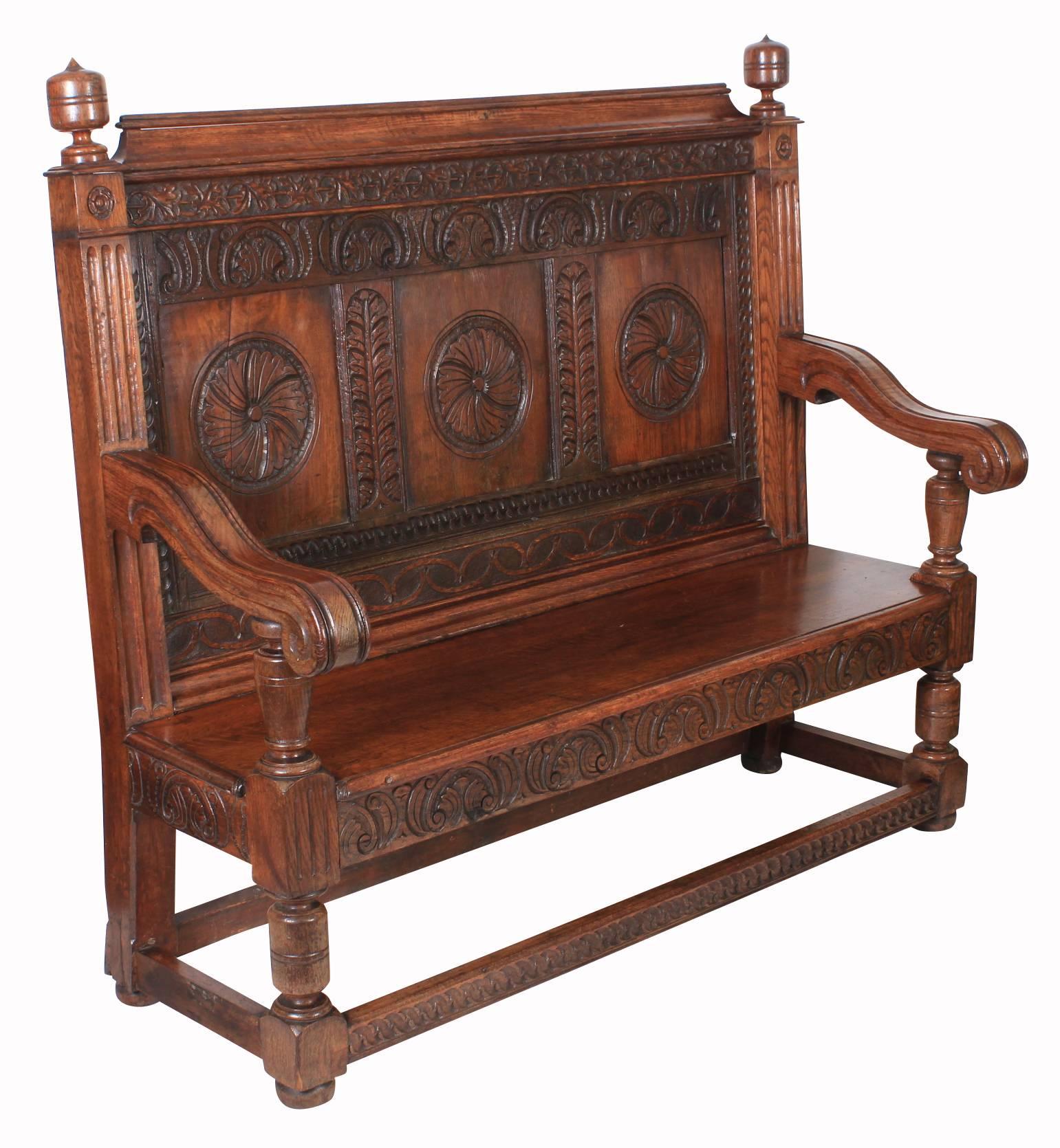 Great Britain (UK) Carved Solid Oak Hall Bench For Sale