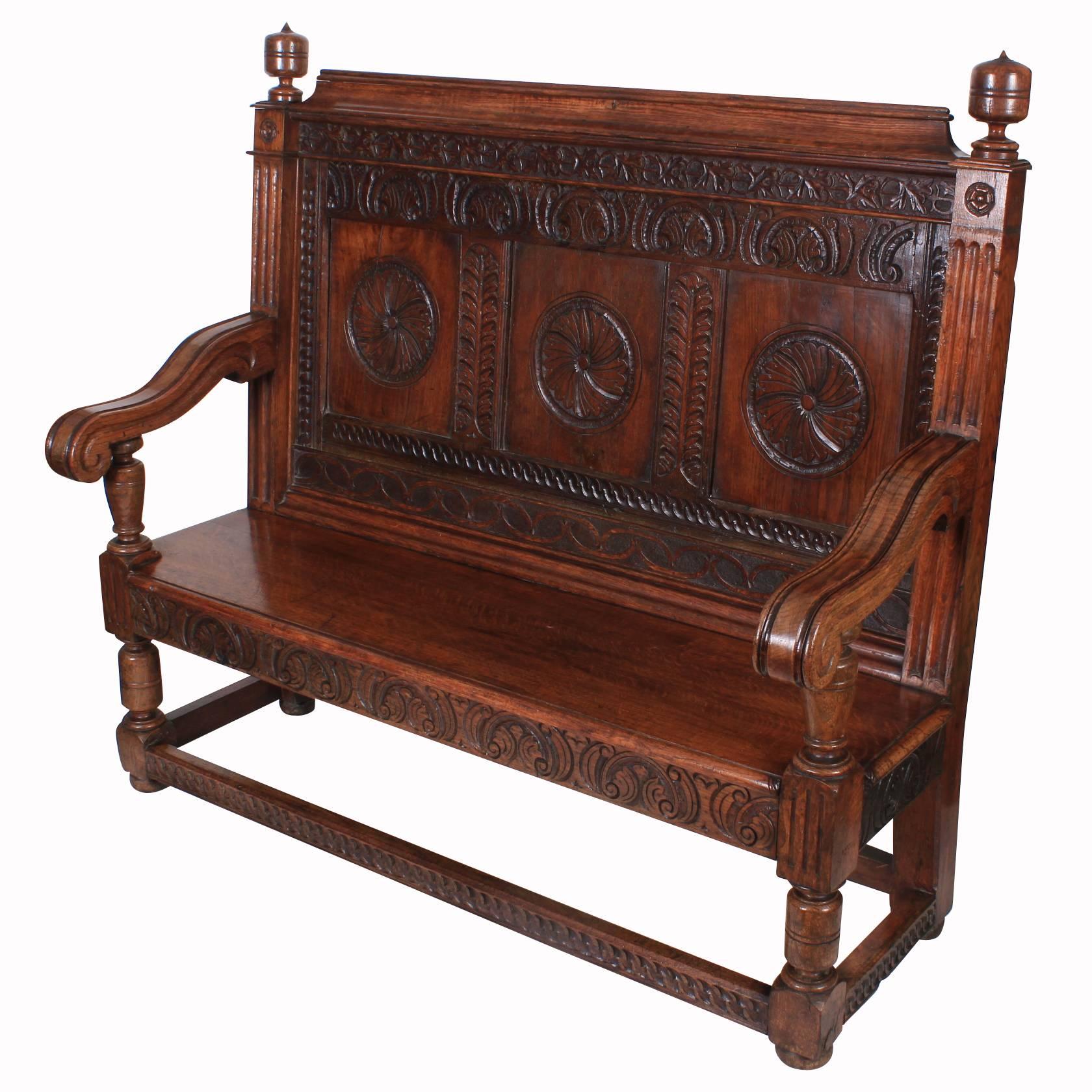 Late 19th Century Carved Solid Oak Hall Bench For Sale