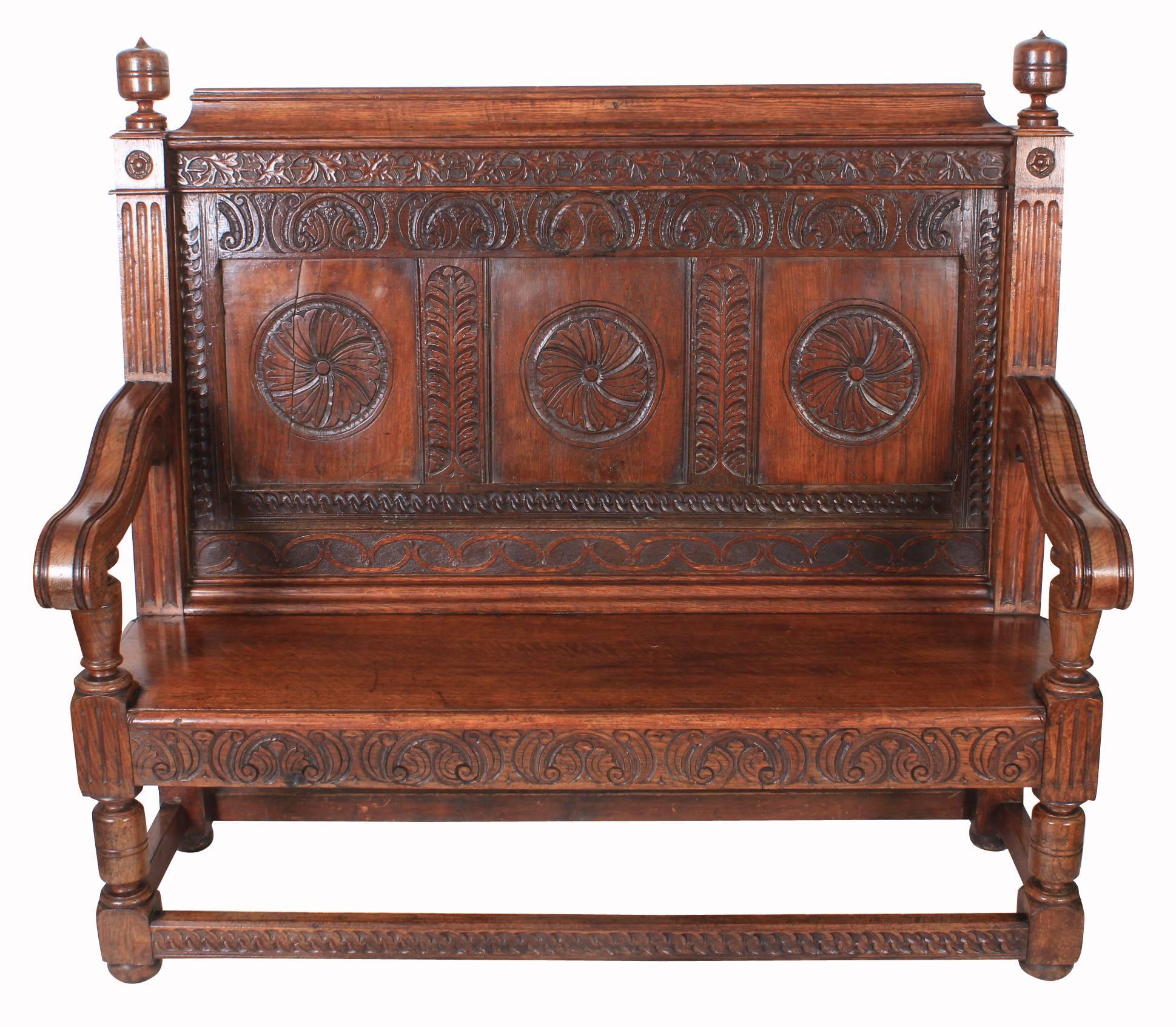 Carved Solid Oak Hall Bench For Sale 3