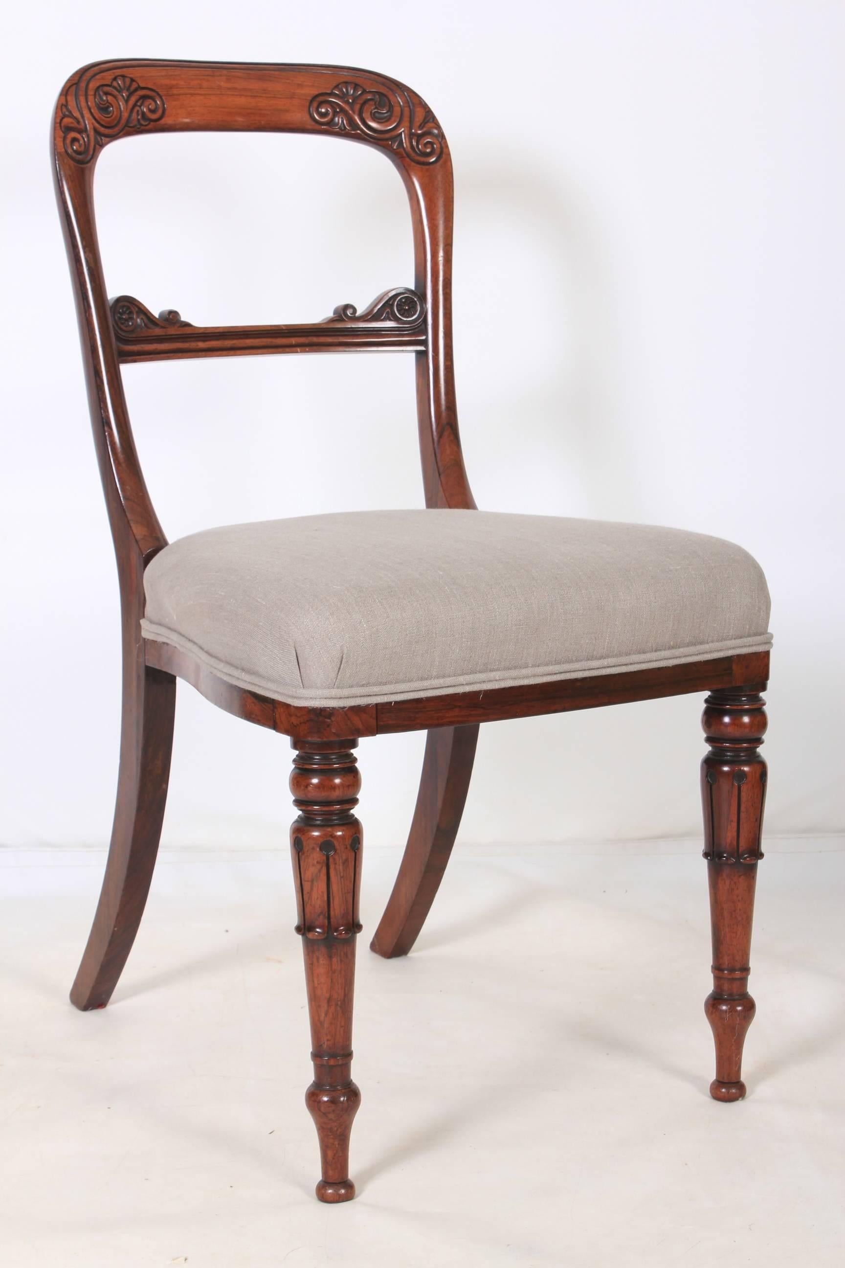 English, circa 1825.
This William IV set of dining chairs are in showroom condition and of great quality.
A very heavy and solid set of chairs, with beautiful carved backs and newly upholstered seats.
Professionally upholstered in a neutral grey