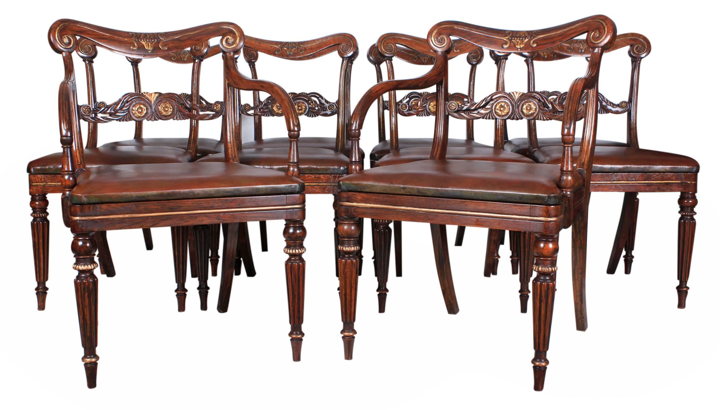 English, circa 1800.
An impressive set of ten Regency dining chairs offered in superb showroom condition.
Make no mistake, these chairs are stunning! A positive addition to any period home.
Newly upholstered brown quality leather seats.
Kidney