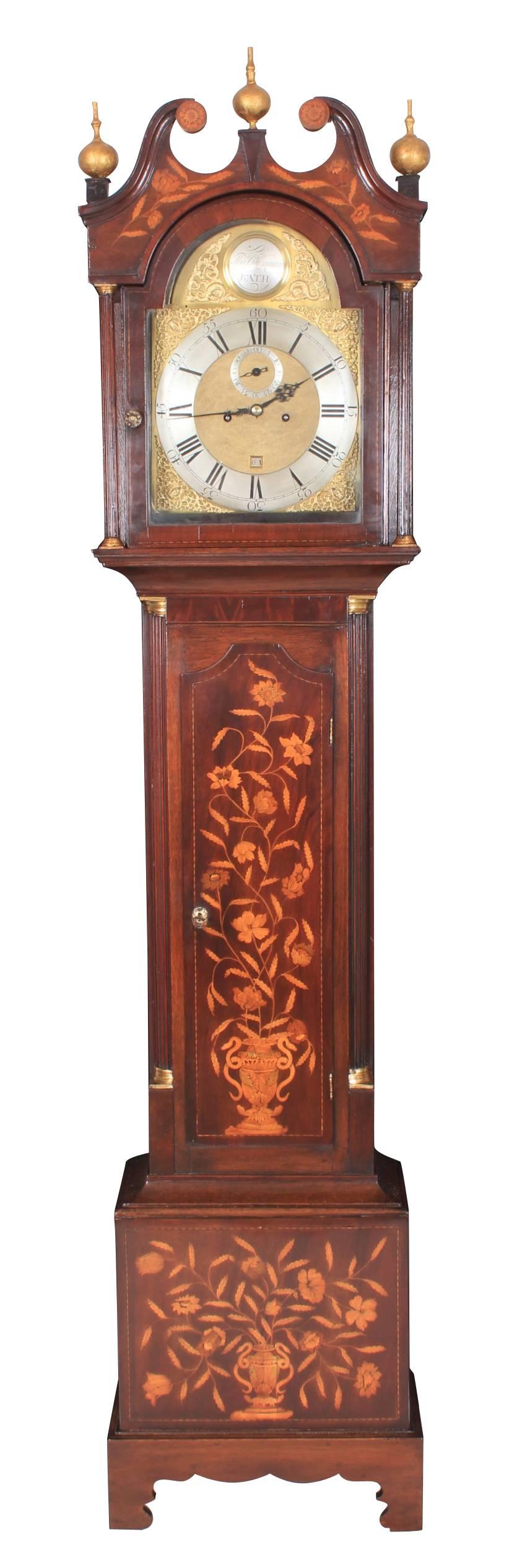 Dutch, circa 1760.
An oak and mahogany clock in showroom condition.
Restored case and movement, all working fine.
Double arch pedament with gold finules.
Lovely fluted columns either side of the movement. The main door is smothered in decorative