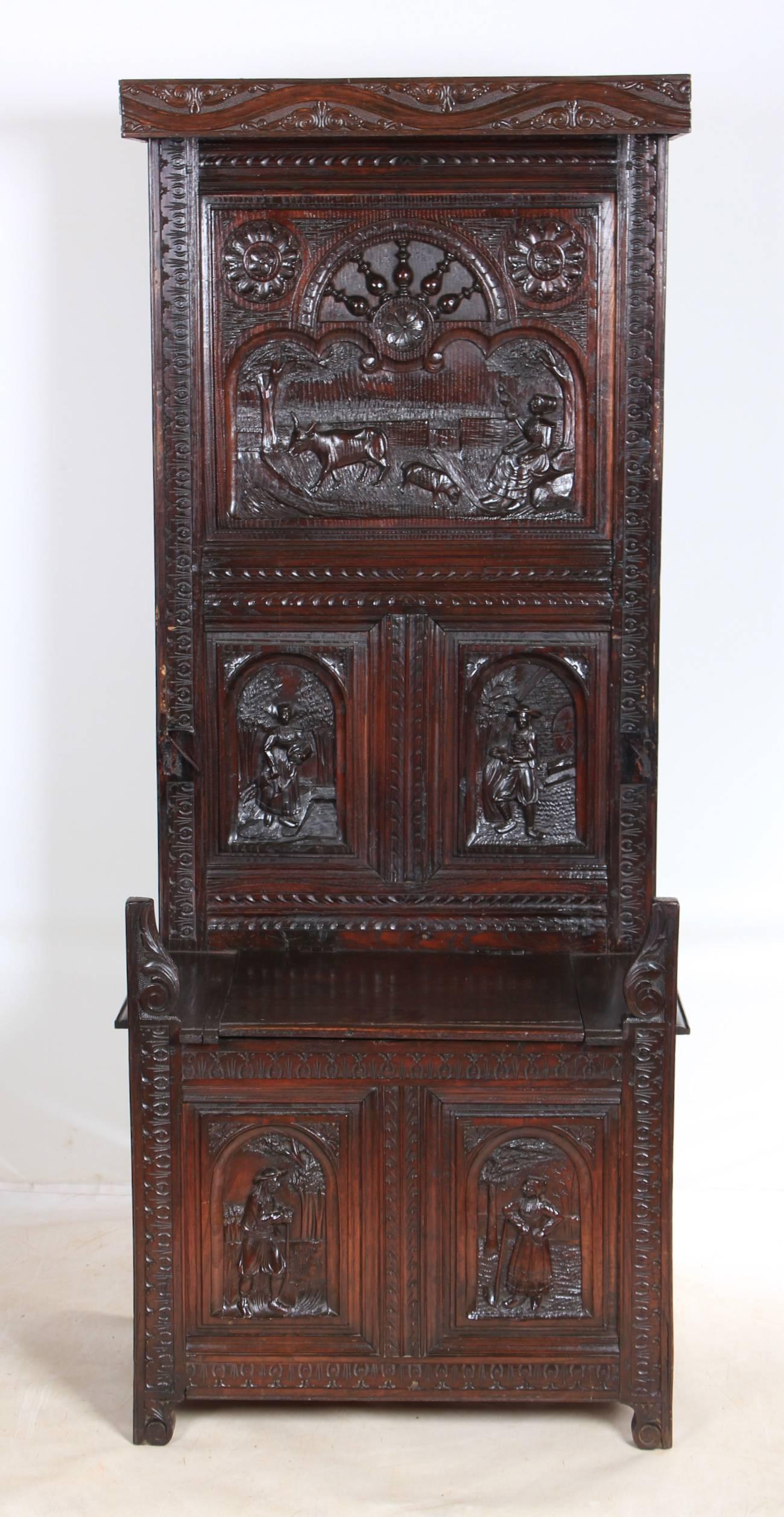 Late 19th Century Carved Oak Porters Chair/Settle For Sale