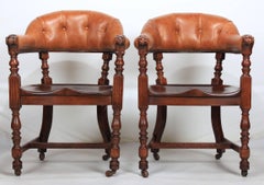 Pair of Oak and Leather Library Captains Desk Chairs