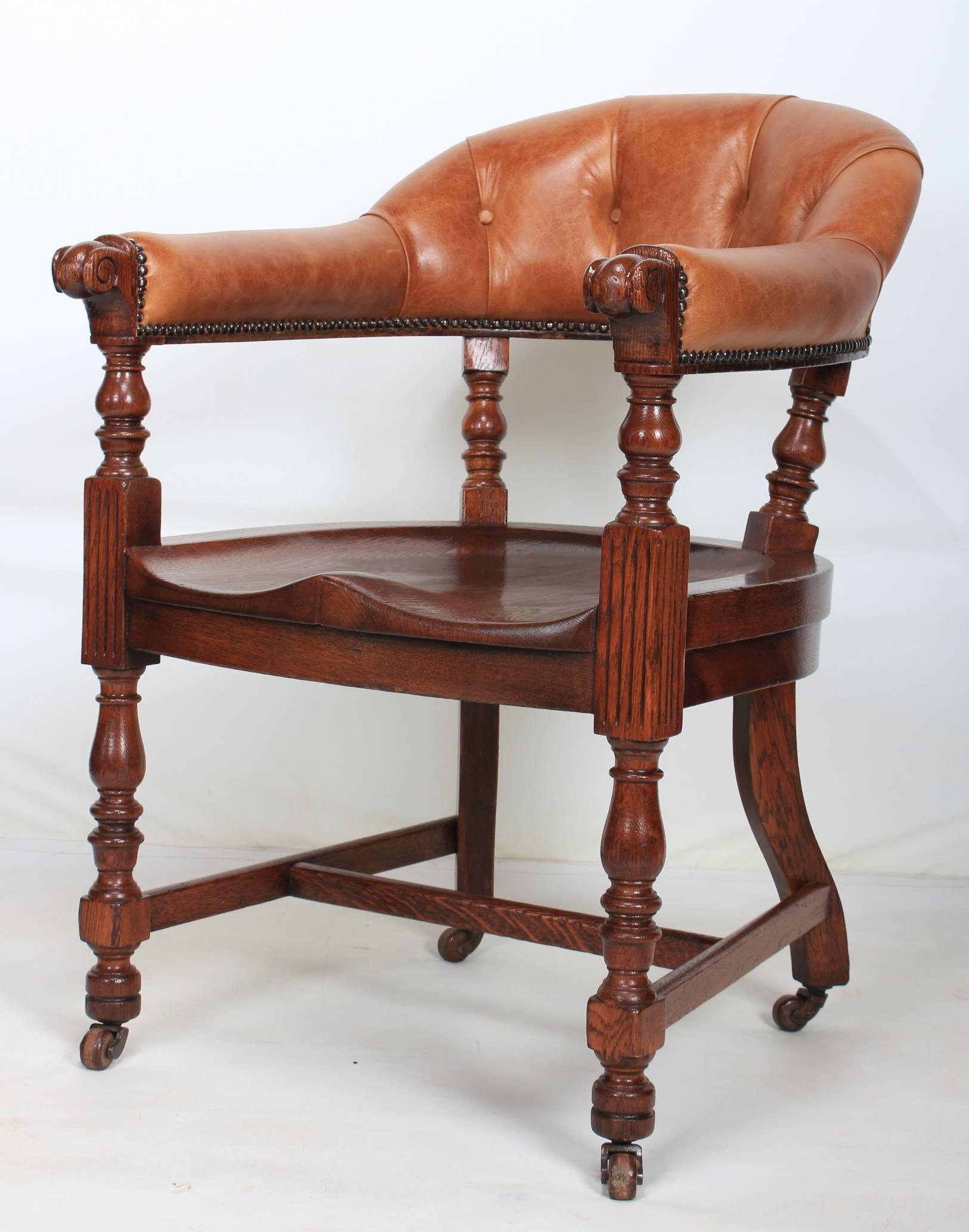 Great Britain (UK) Pair of Oak and Leather Library Captains Desk Chairs For Sale