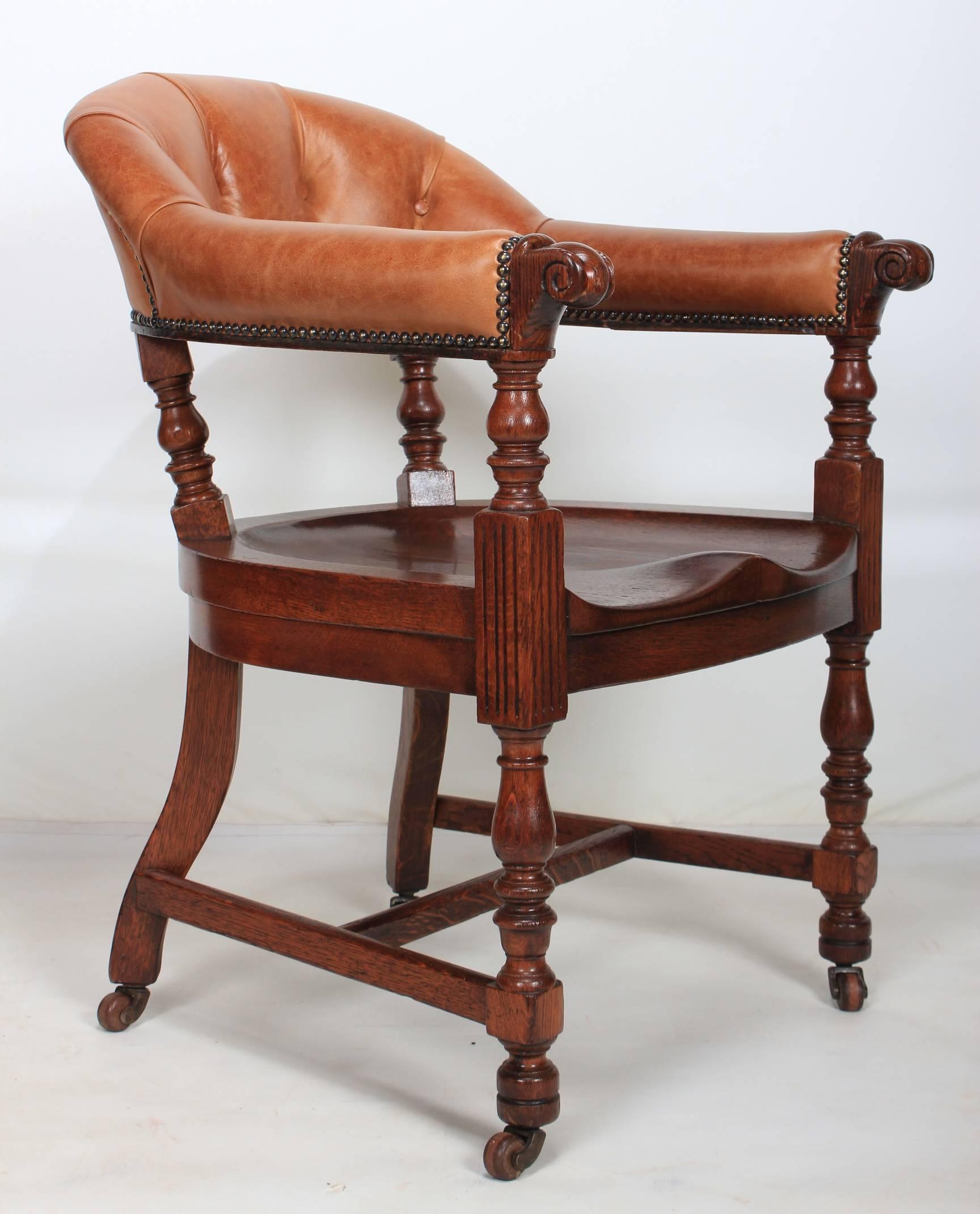 Pair of Oak and Leather Library Captains Desk Chairs For Sale 2