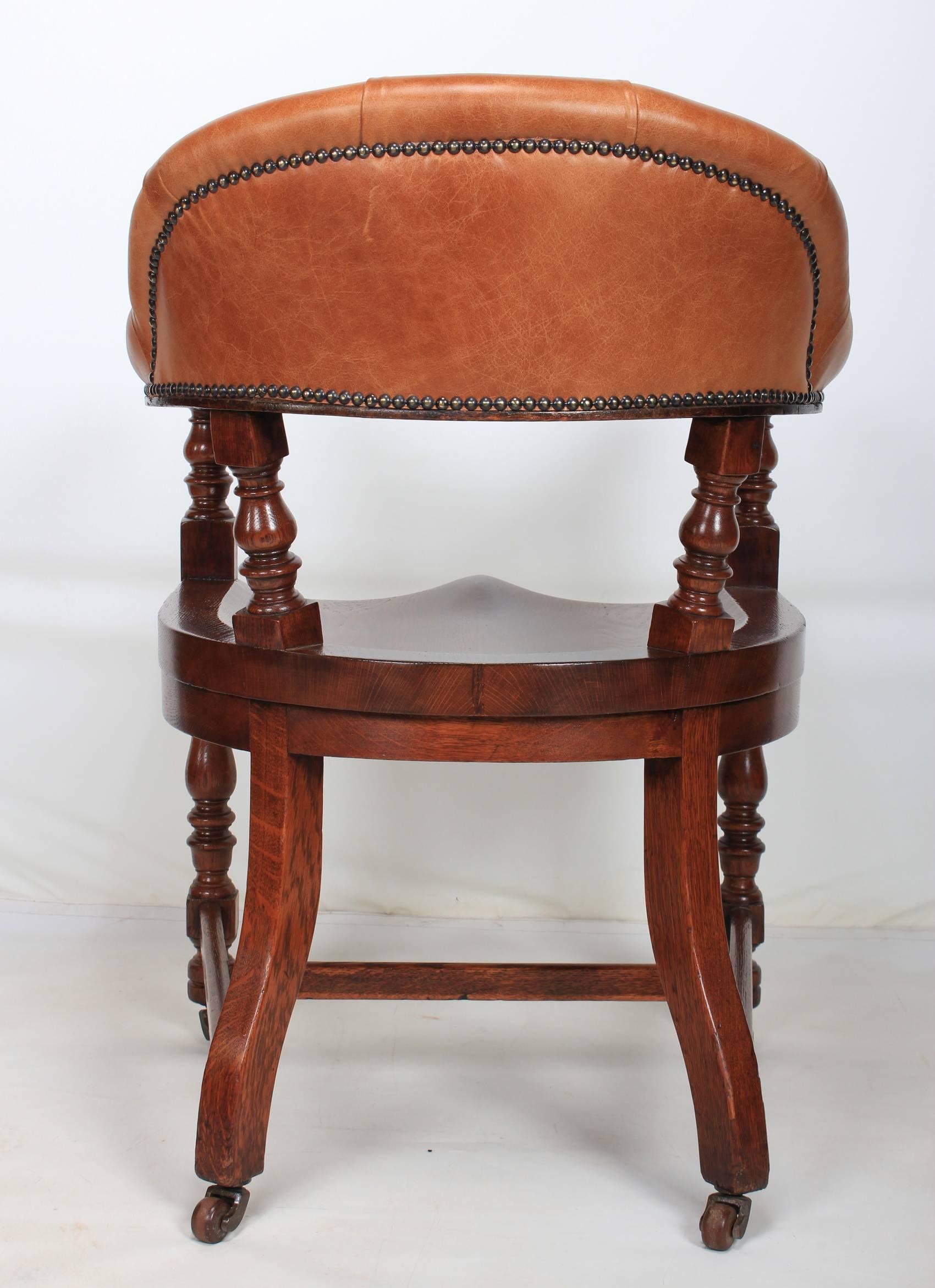 Pair of Oak and Leather Library Captains Desk Chairs For Sale 3