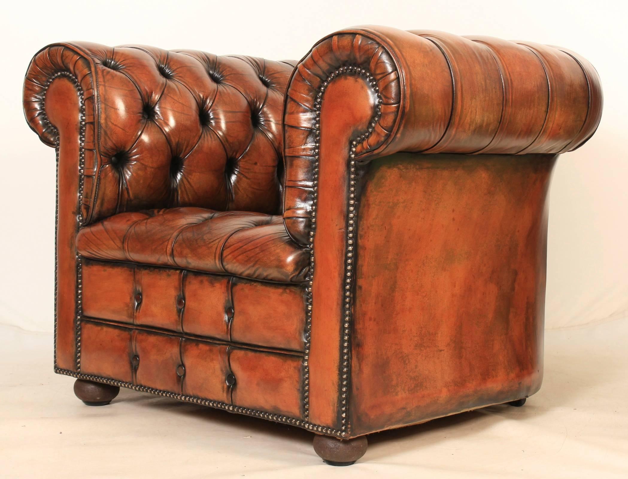 Leather Hand Dyed Chesterfield Armchair For Sale