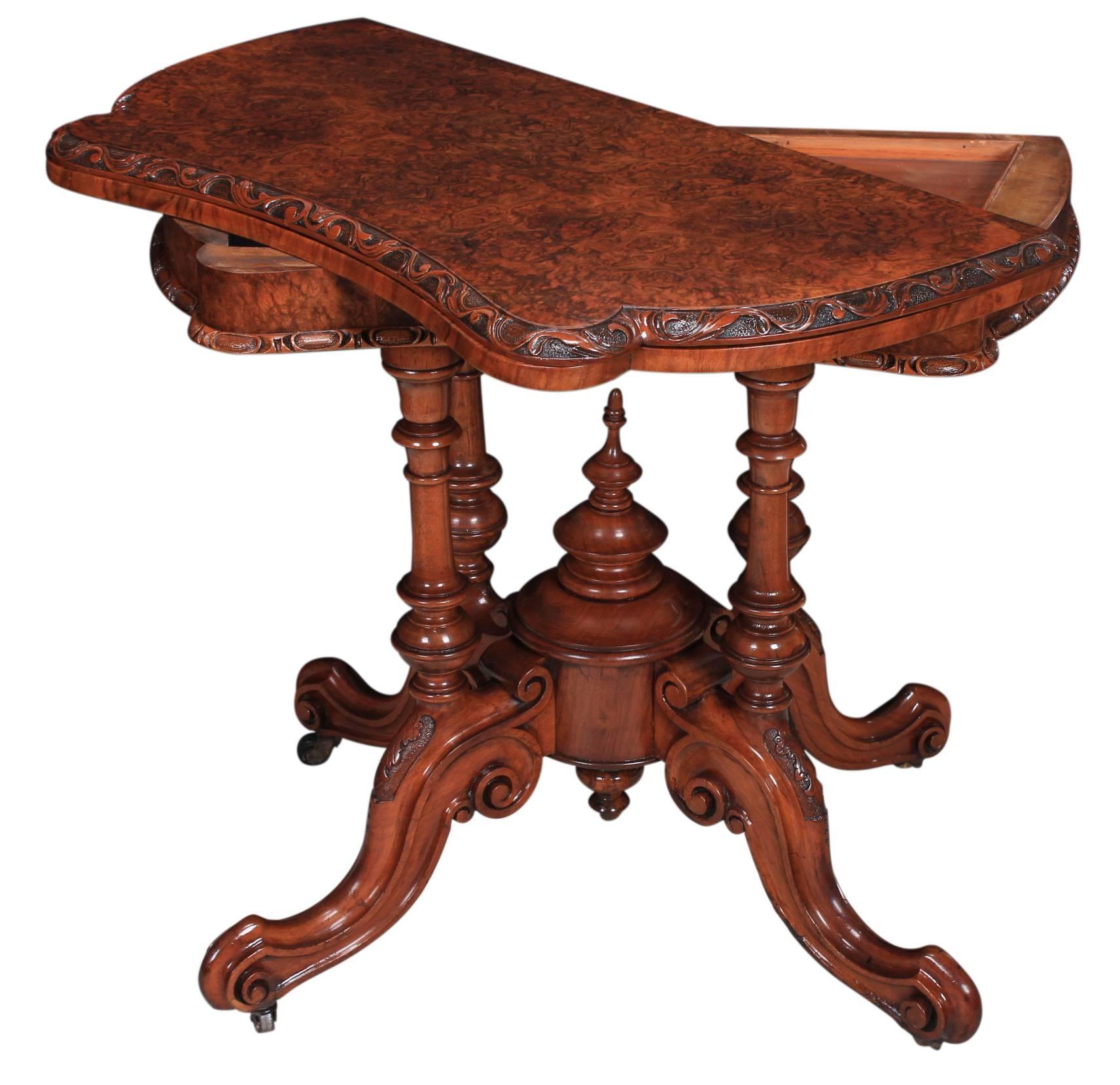 Late 19th Century Irish Burr Walnut Concave Card Table For Sale
