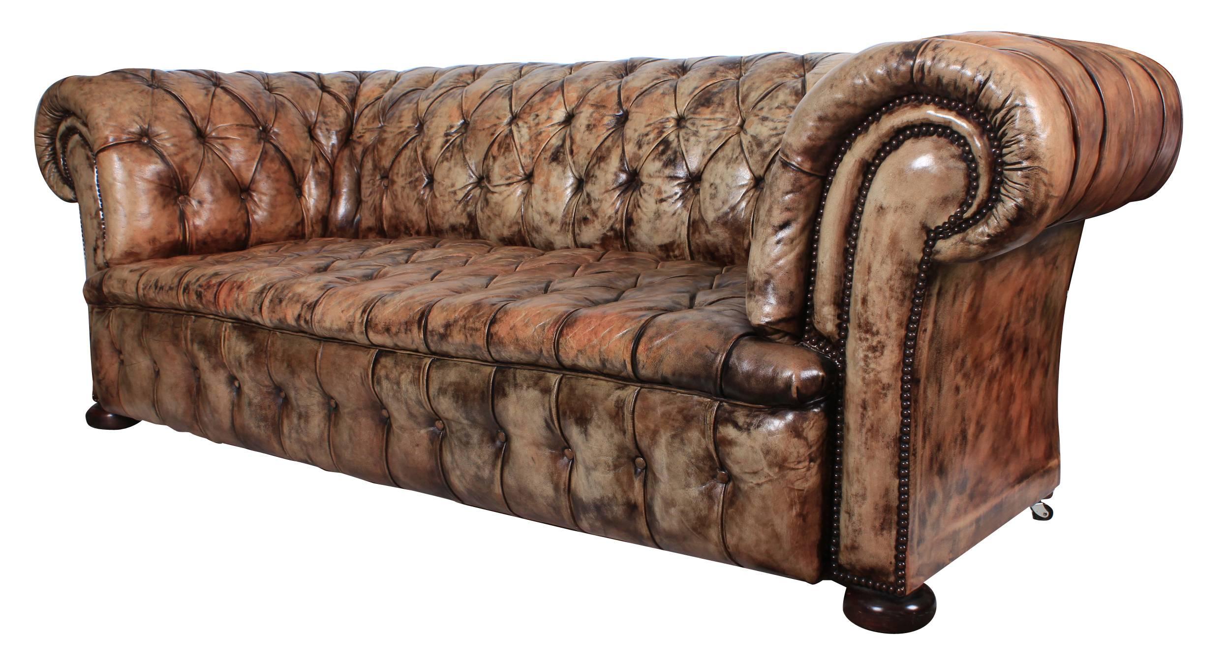 British Vintage Green/Tan Leather Chesterfield Sofa For Sale