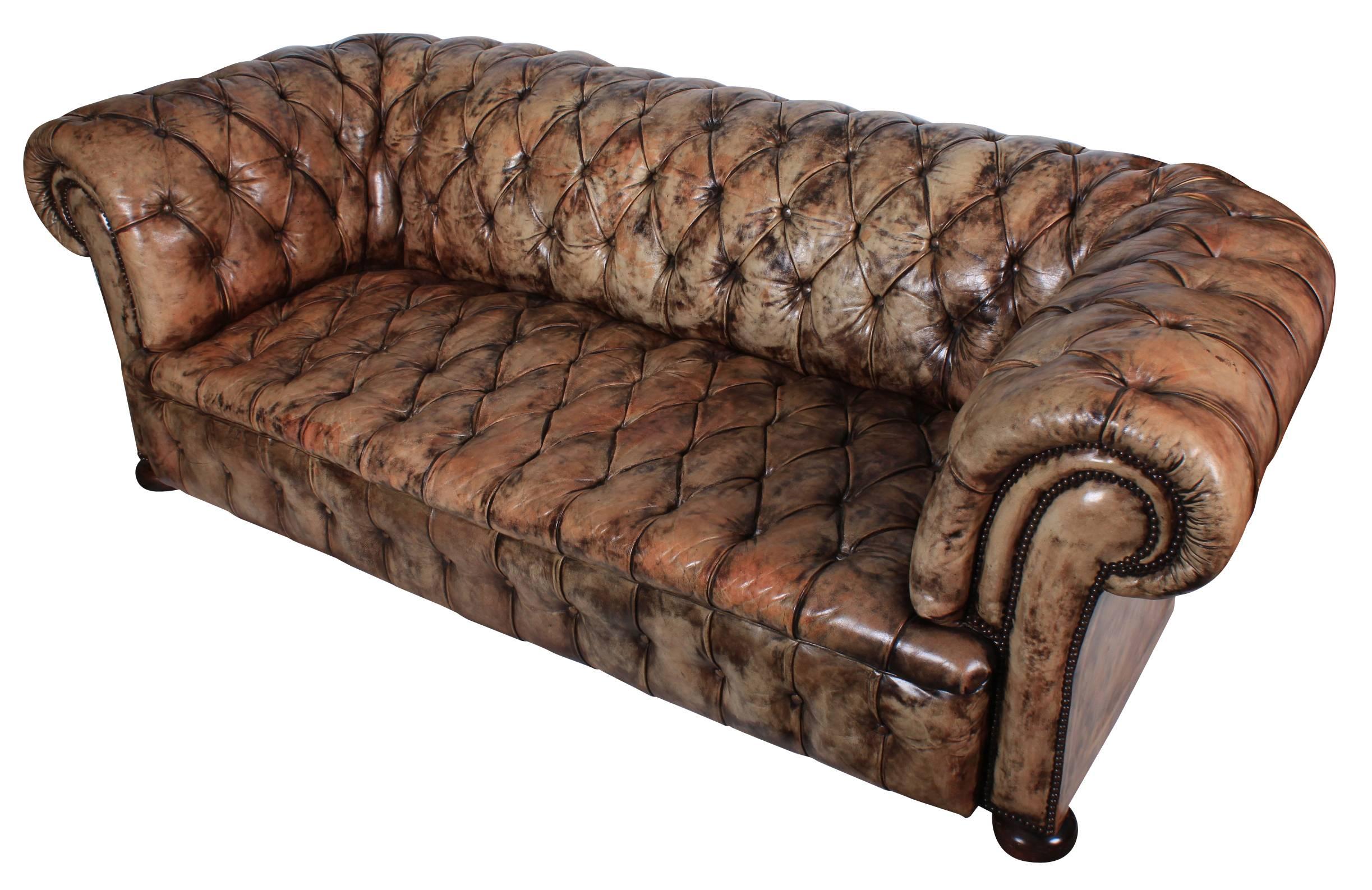 Early 20th Century Vintage Green/Tan Leather Chesterfield Sofa For Sale