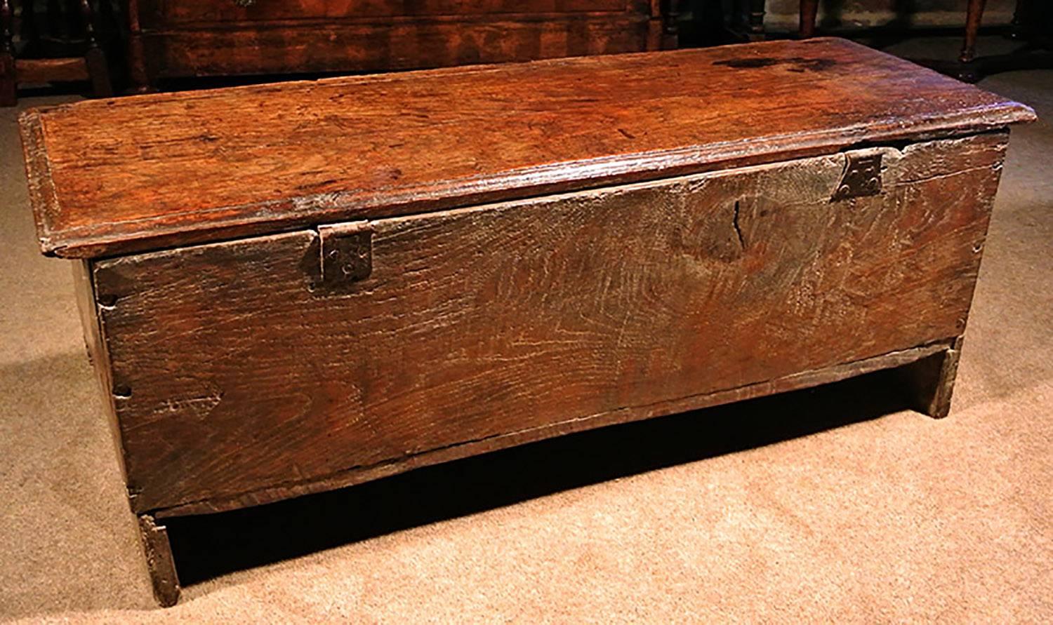 18th Century and Earlier Boarded Oak Coffer of Small Proportions with Maker's Initials, circa 1630