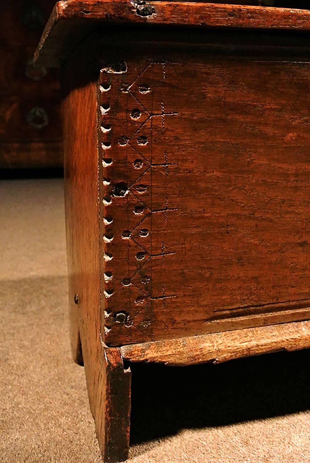 Jacobean Boarded Oak Coffer of Small Proportions with Maker's Initials, circa 1630