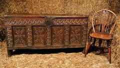 English James I Joined Elm Four Panel Guillouche Carved Coffer, circa 1610