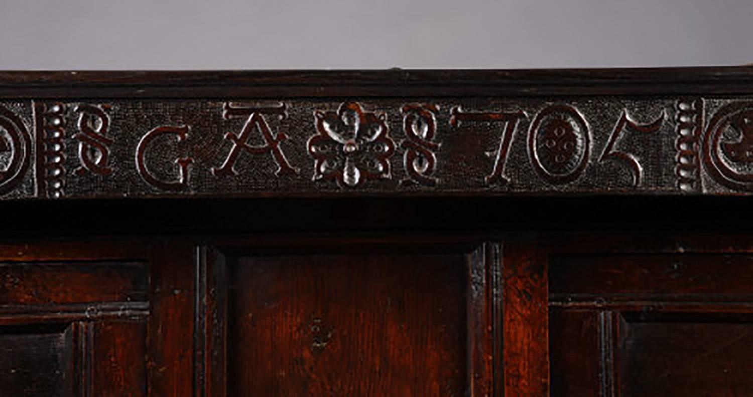 Original Queen Anne Oak Court Cupboard, Dated 1705 For Sale 1