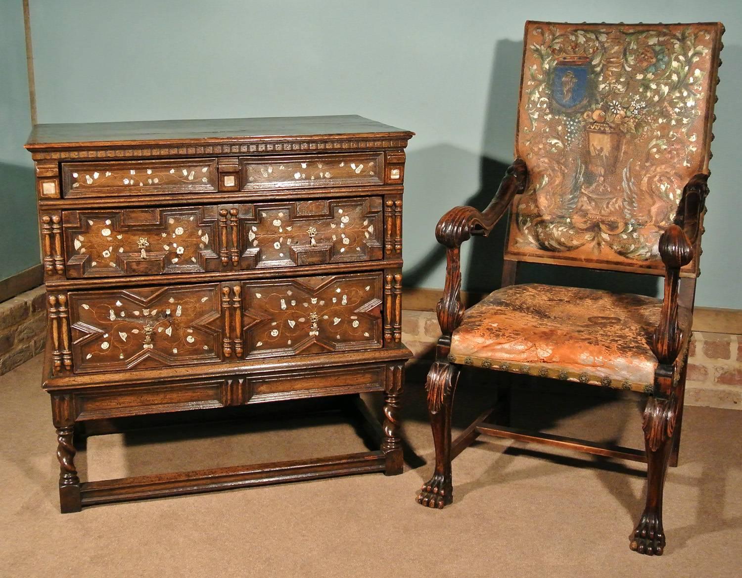 Great Britain (UK) Charles II Oak Chest Inlaid with Ivory and Mother of Pearl, circa 1670