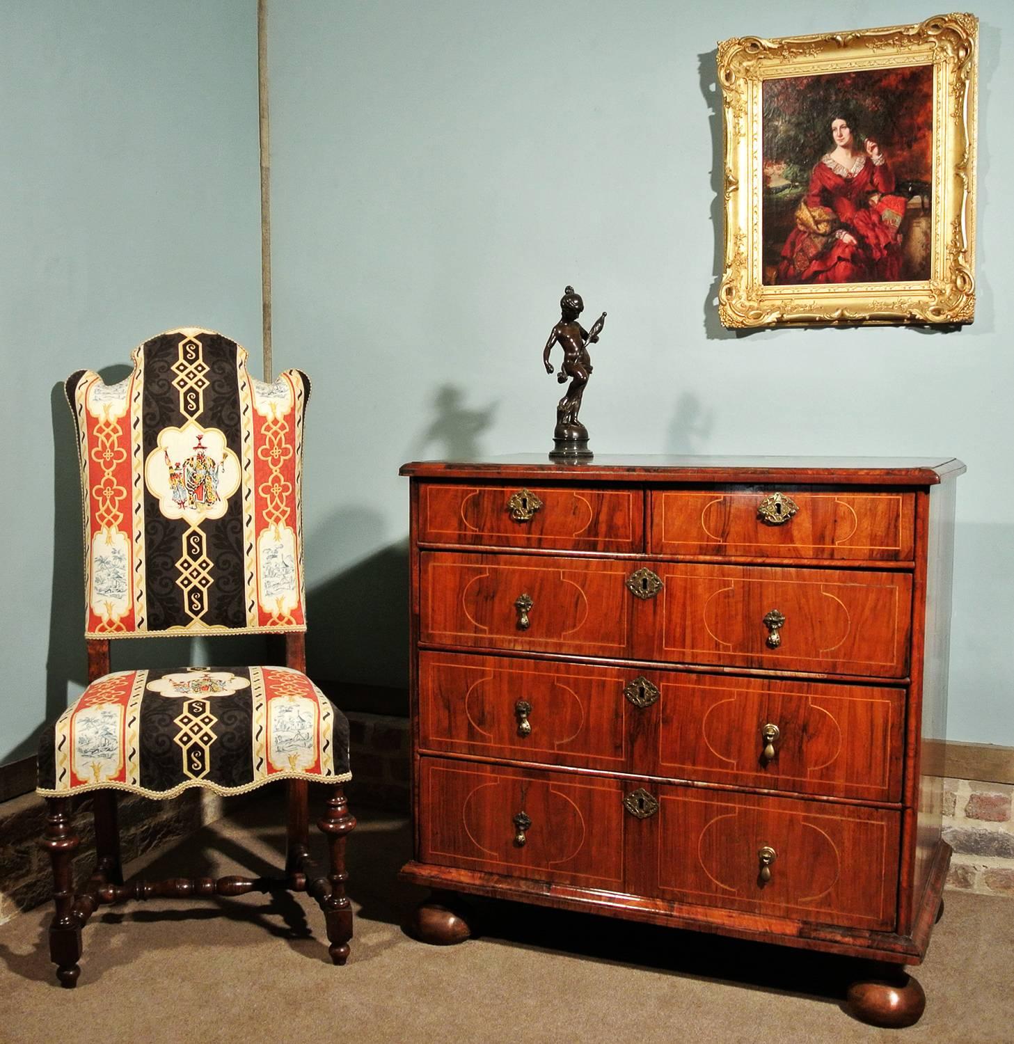 British Queen Anne Inlaid Walnut and Oak Chest of Drawers, circa 1700 For Sale