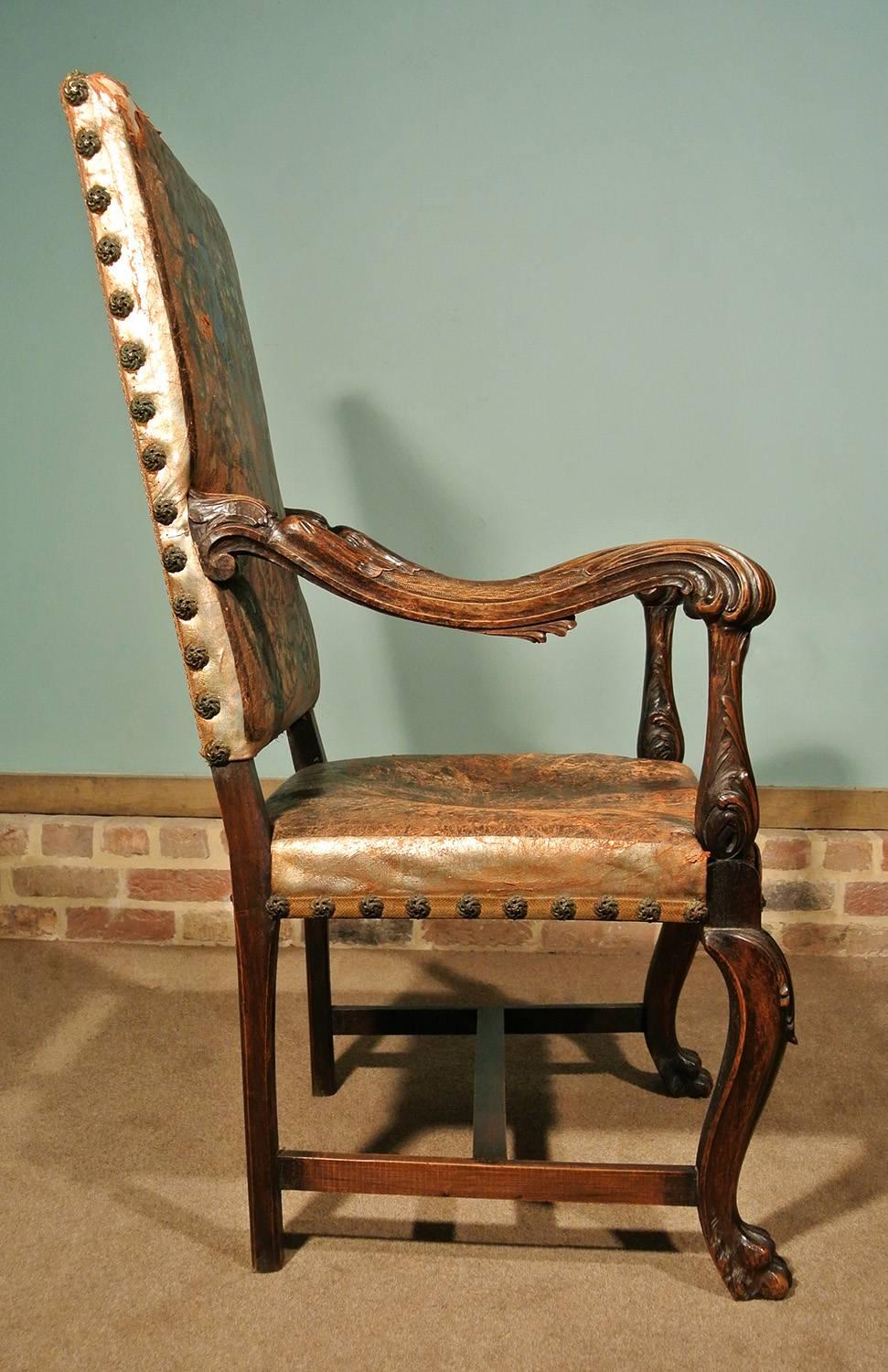 Brass Pair of 18th Century Walnut Italian Throne Chairs, circa 1770