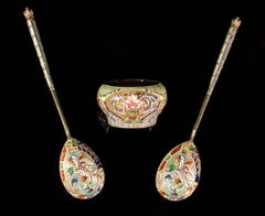 Faberge Silver and Enamel Spoons and Salt
