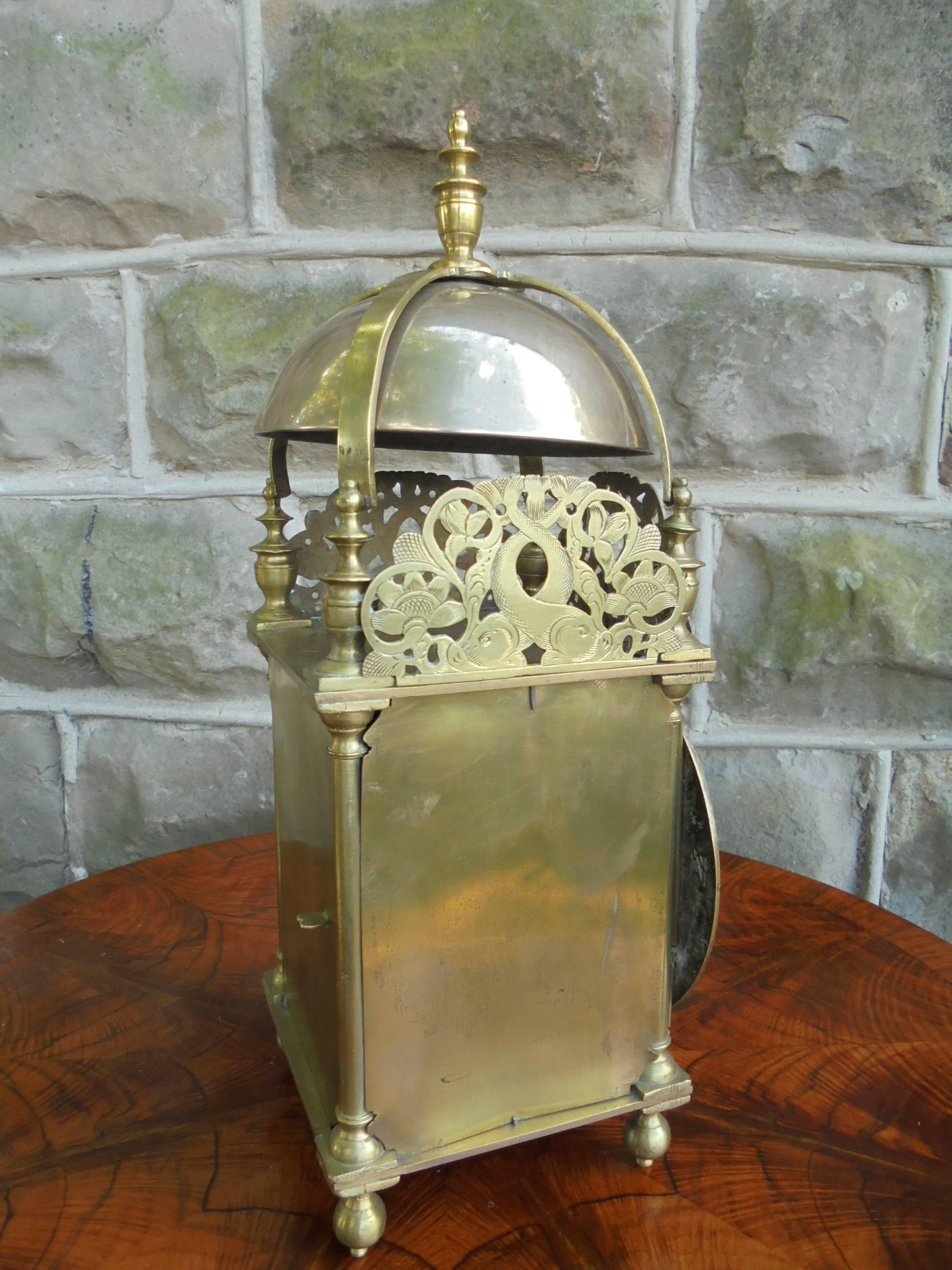 William and Mary Large Antique Brass Lantern Clock For Sale