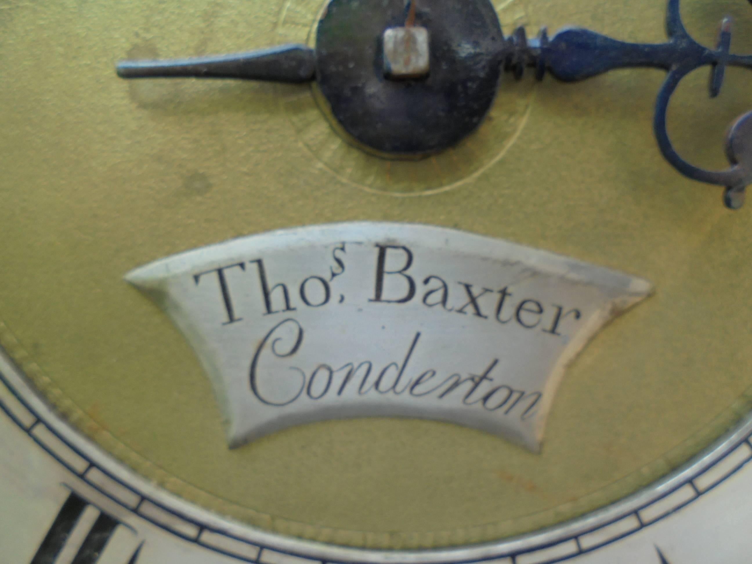 Offered for sale is this early antique hook and spike wall clock

Brass dial signed Thomas Baxter Condereton. It has a bob pendulum and single weight. The works are very dusty and dirty so will require a clean and service. All the mechanics are