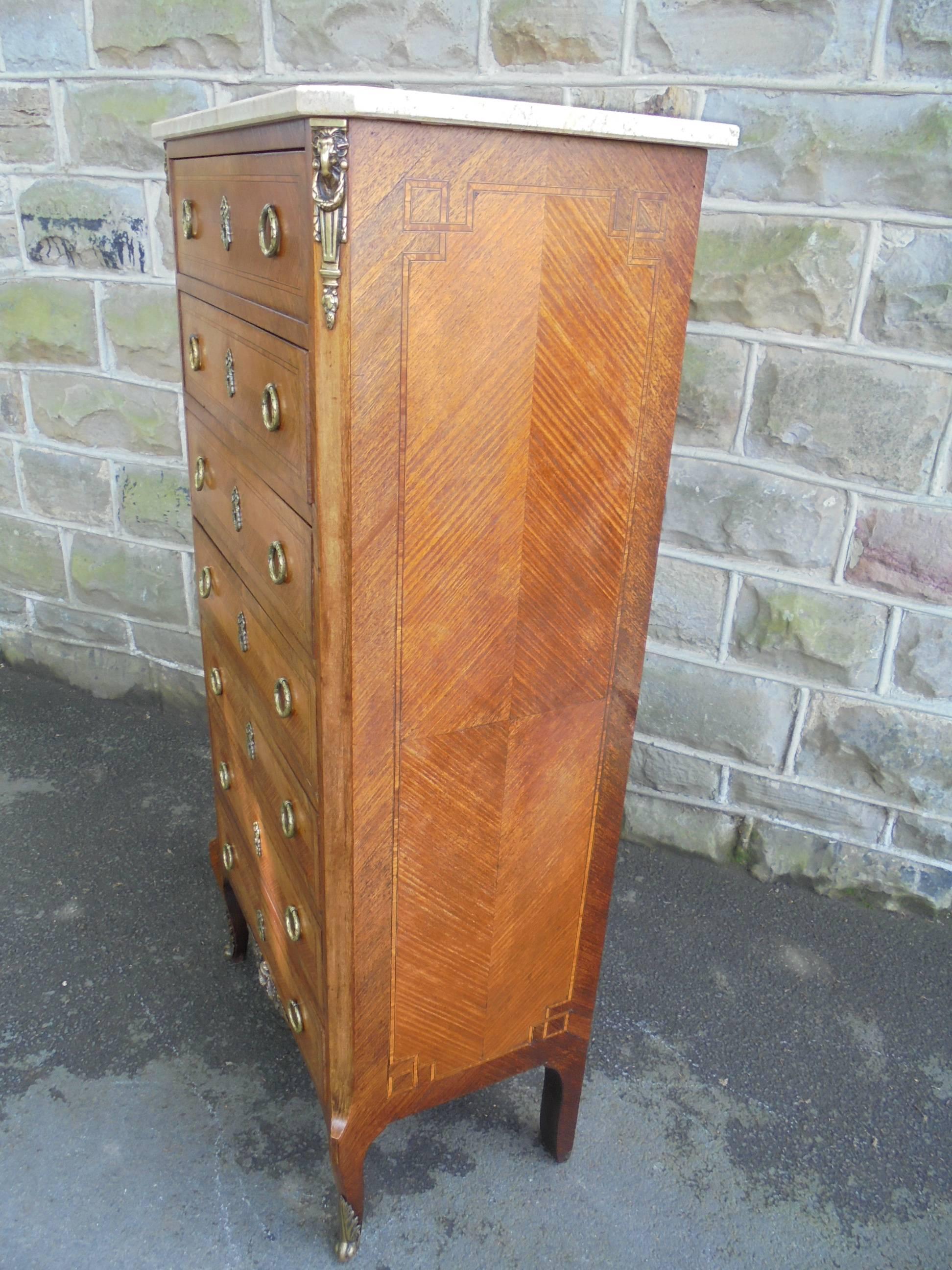 Veneer Antique Inlaid Kingwood Marble-Top Chest with Seven Draws For Sale