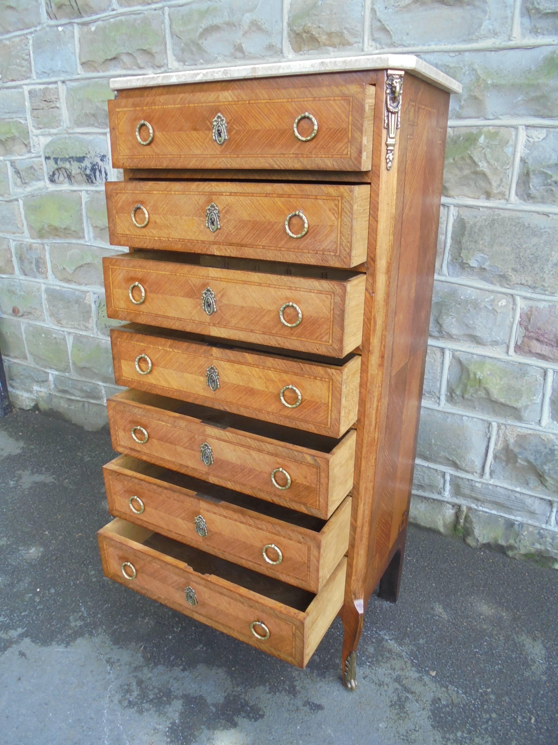 19th Century Antique Inlaid Kingwood Marble-Top Chest with Seven Draws For Sale