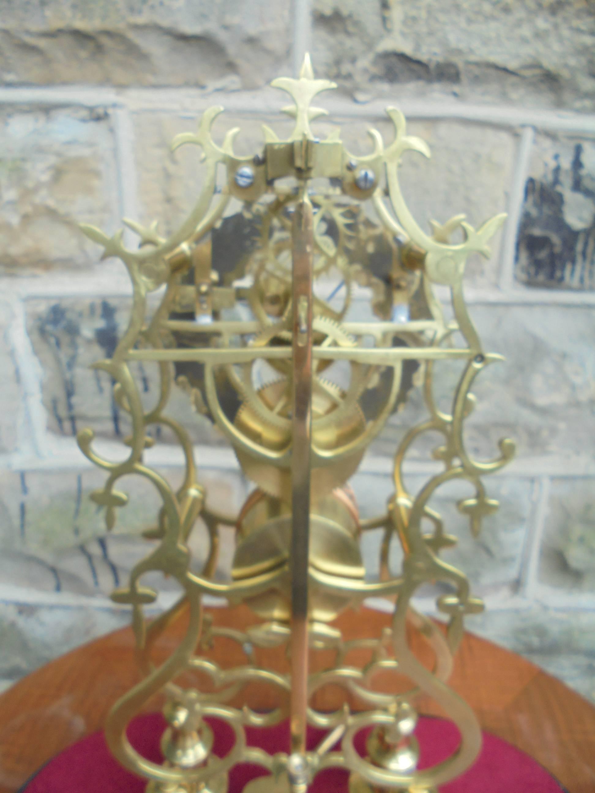 Victorian Antique Skeleton Clock under Glass Dome