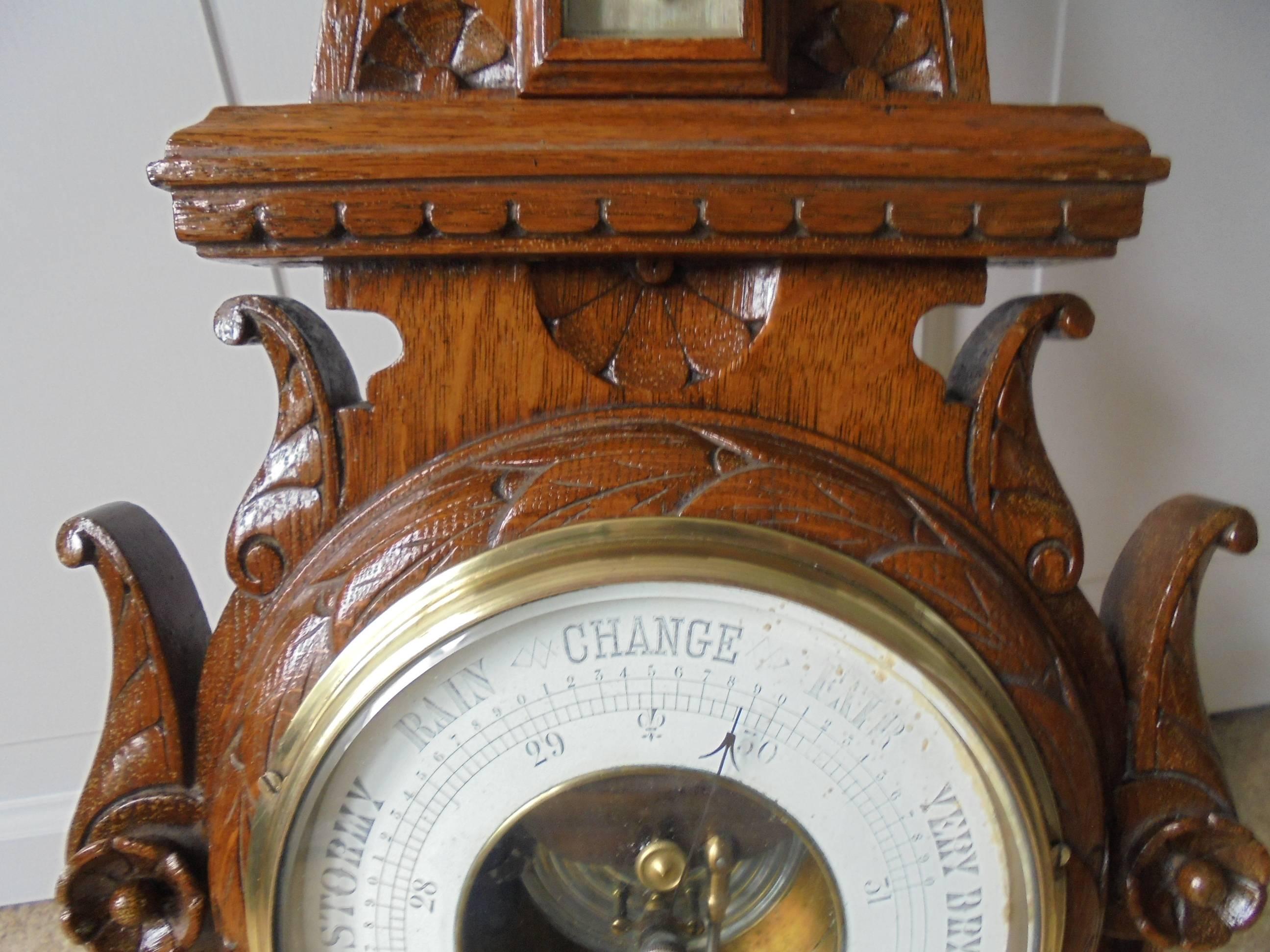 Antique Oak Cased Clock Barometer For Sale 3