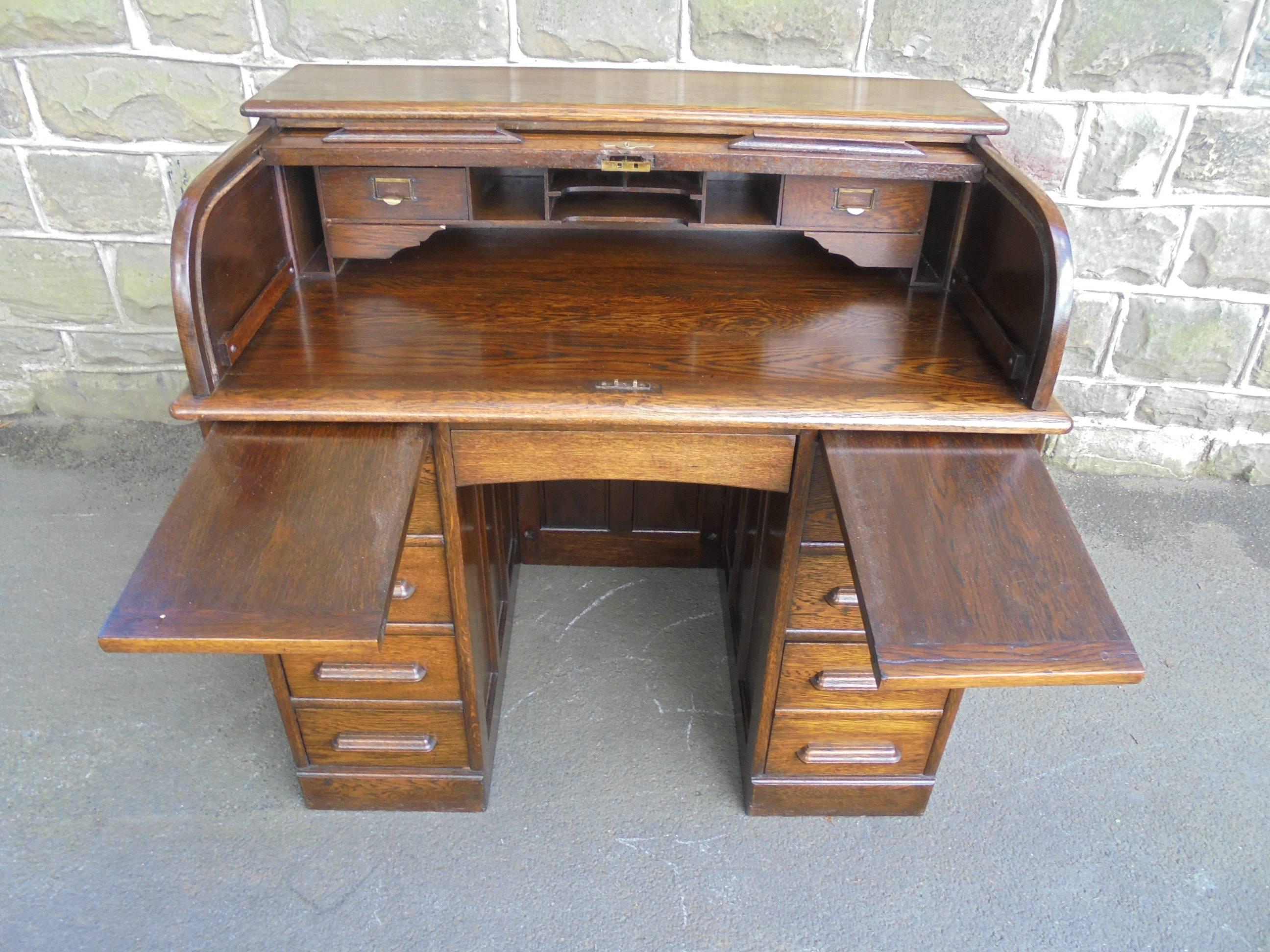 20th Century Antique Oak Roll Top Desk