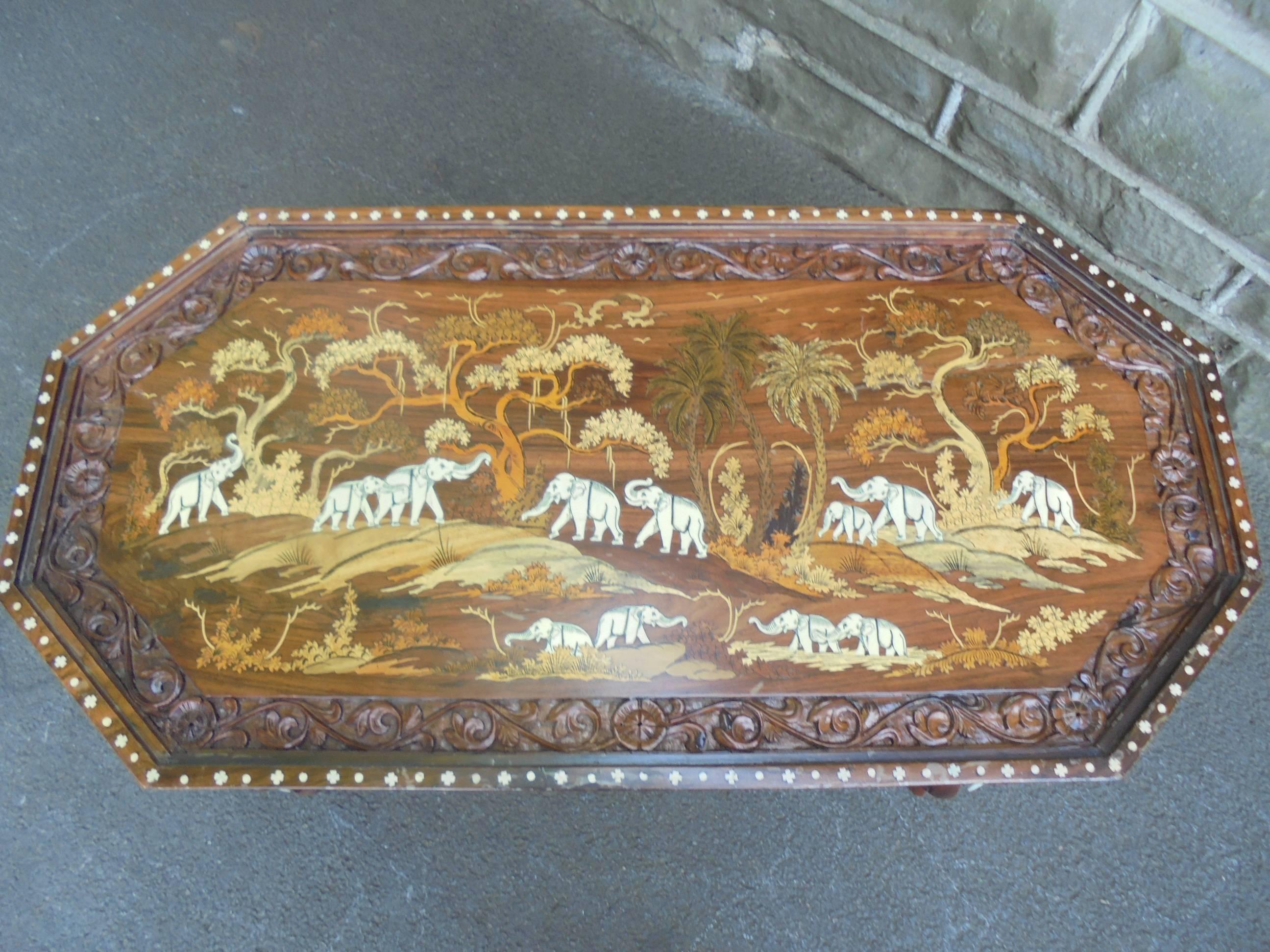 Ivory Antique Anglo-Indian Inlaid Hardwood Coffee Table For Sale