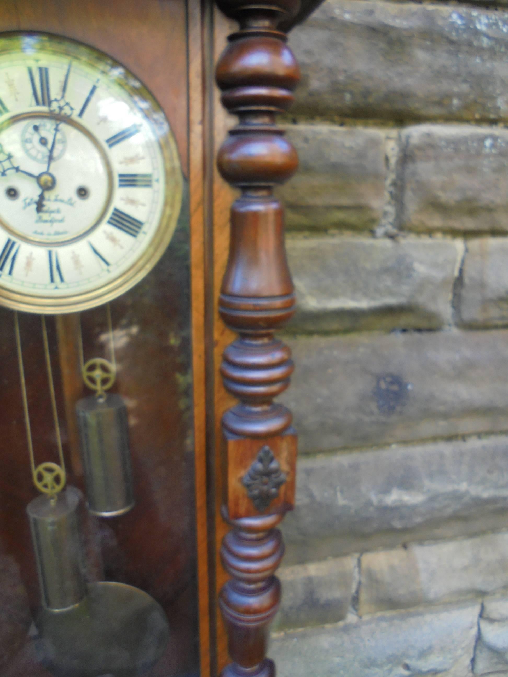 Victorian Antique Walnut Cased Double Weight Vienna Wall Clock Fattorini Bradford