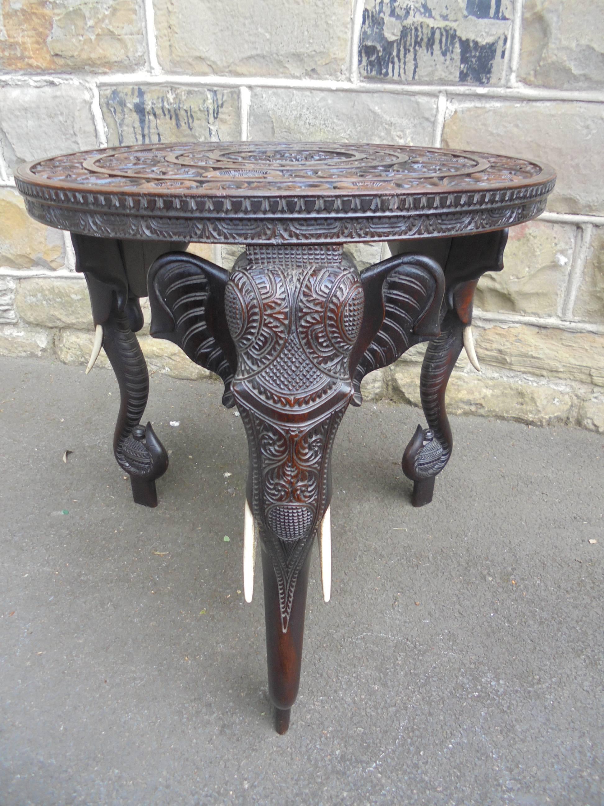 Edwardian Antique Carved Anglo-Indian Teak Elephant Table For Sale