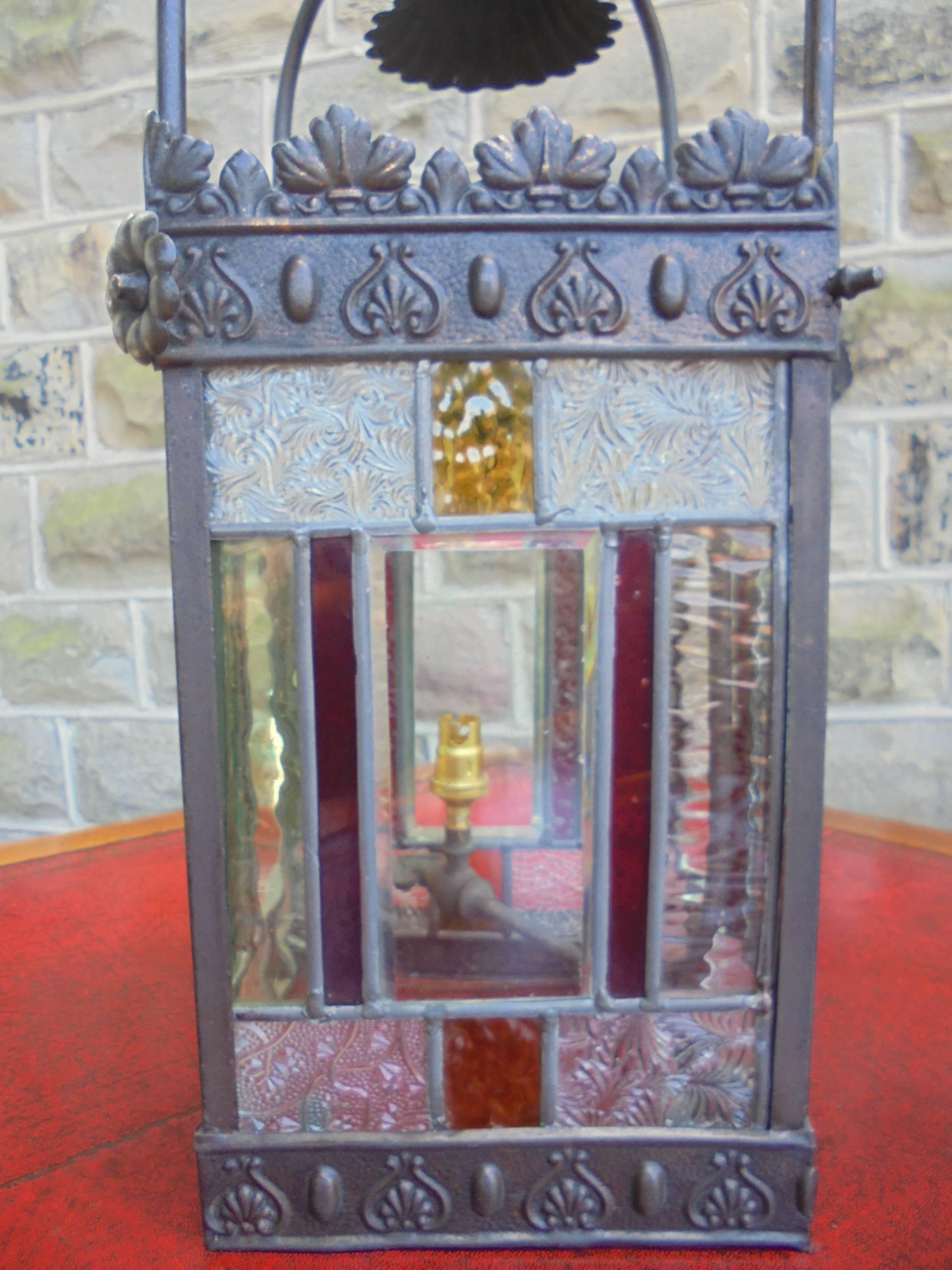 Victorian Antique Brass and Colored Glass Hanging Lantern For Sale