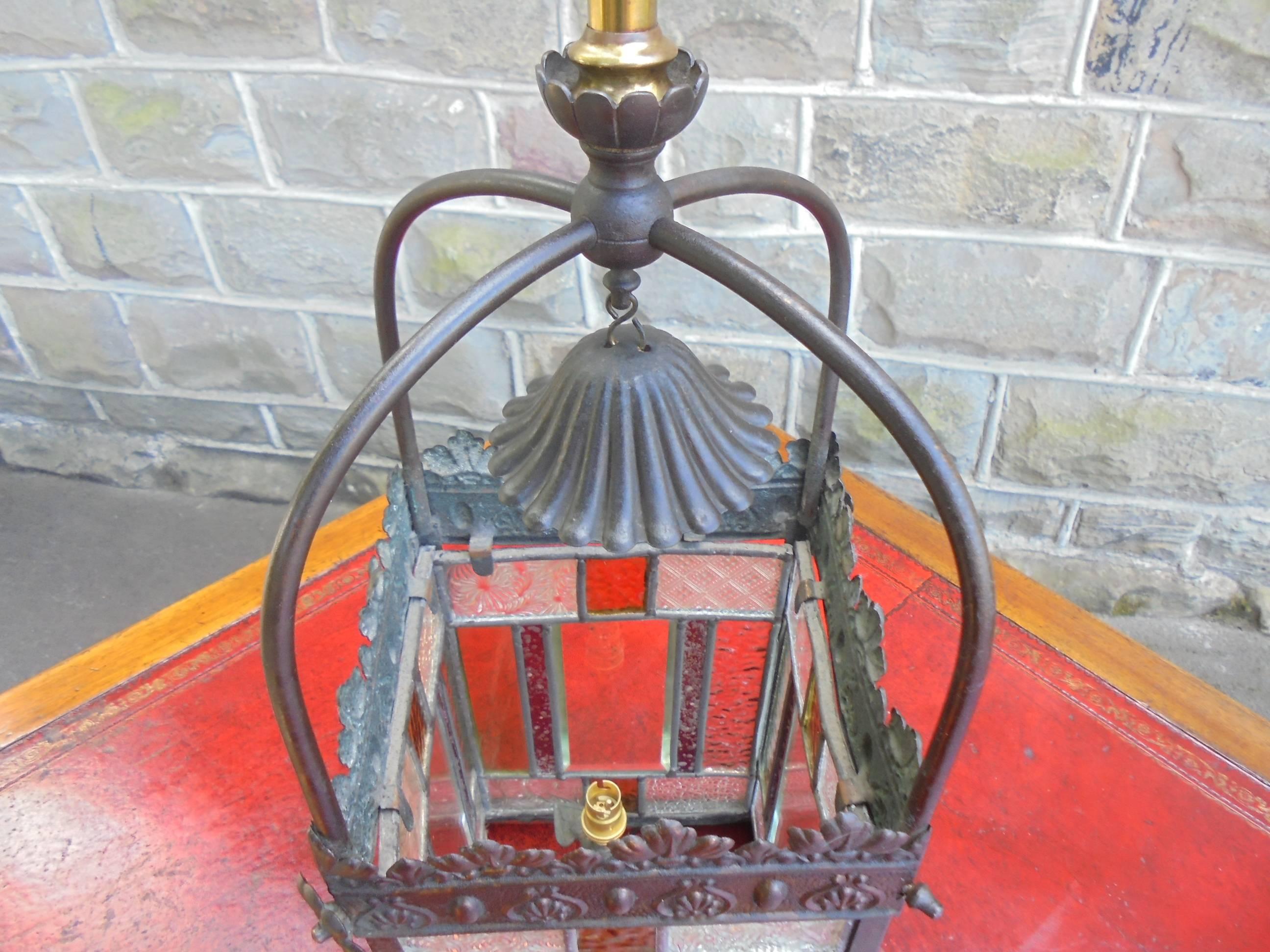 Antique Brass and Colored Glass Hanging Lantern In Good Condition For Sale In Wakefield, GB