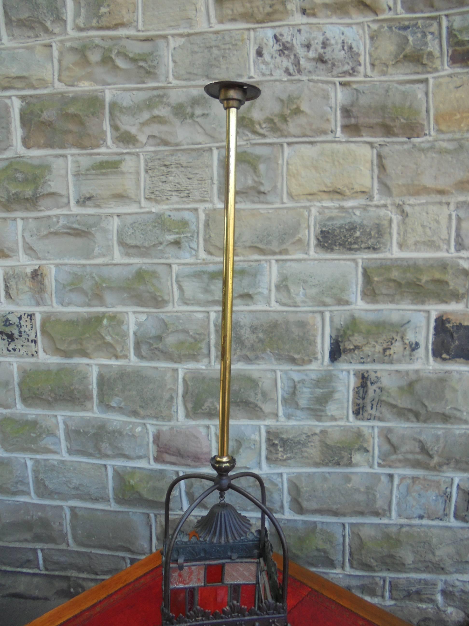 19th Century Antique Brass and Colored Glass Hanging Lantern For Sale