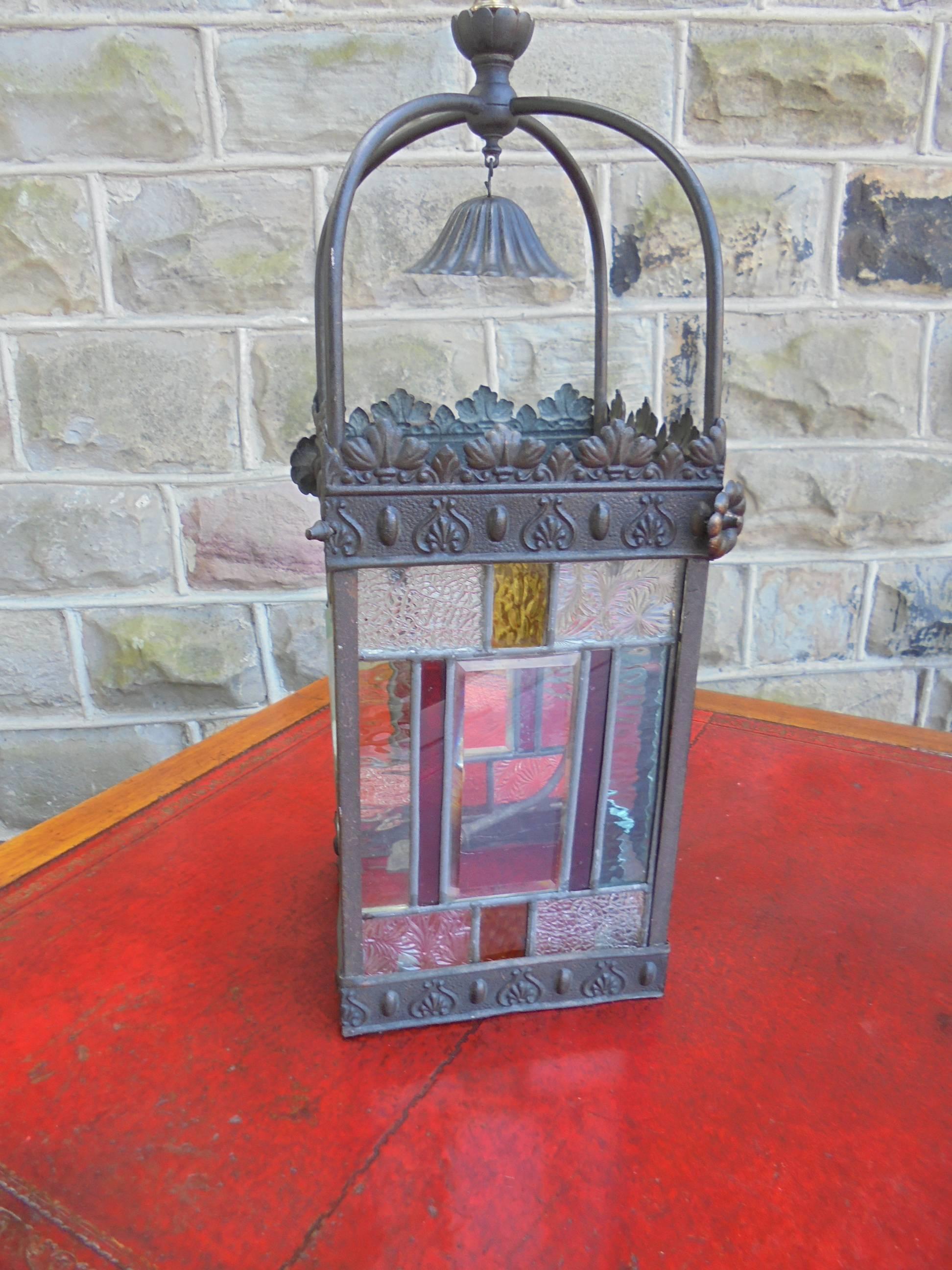 Antique Brass and Colored Glass Hanging Lantern For Sale 2