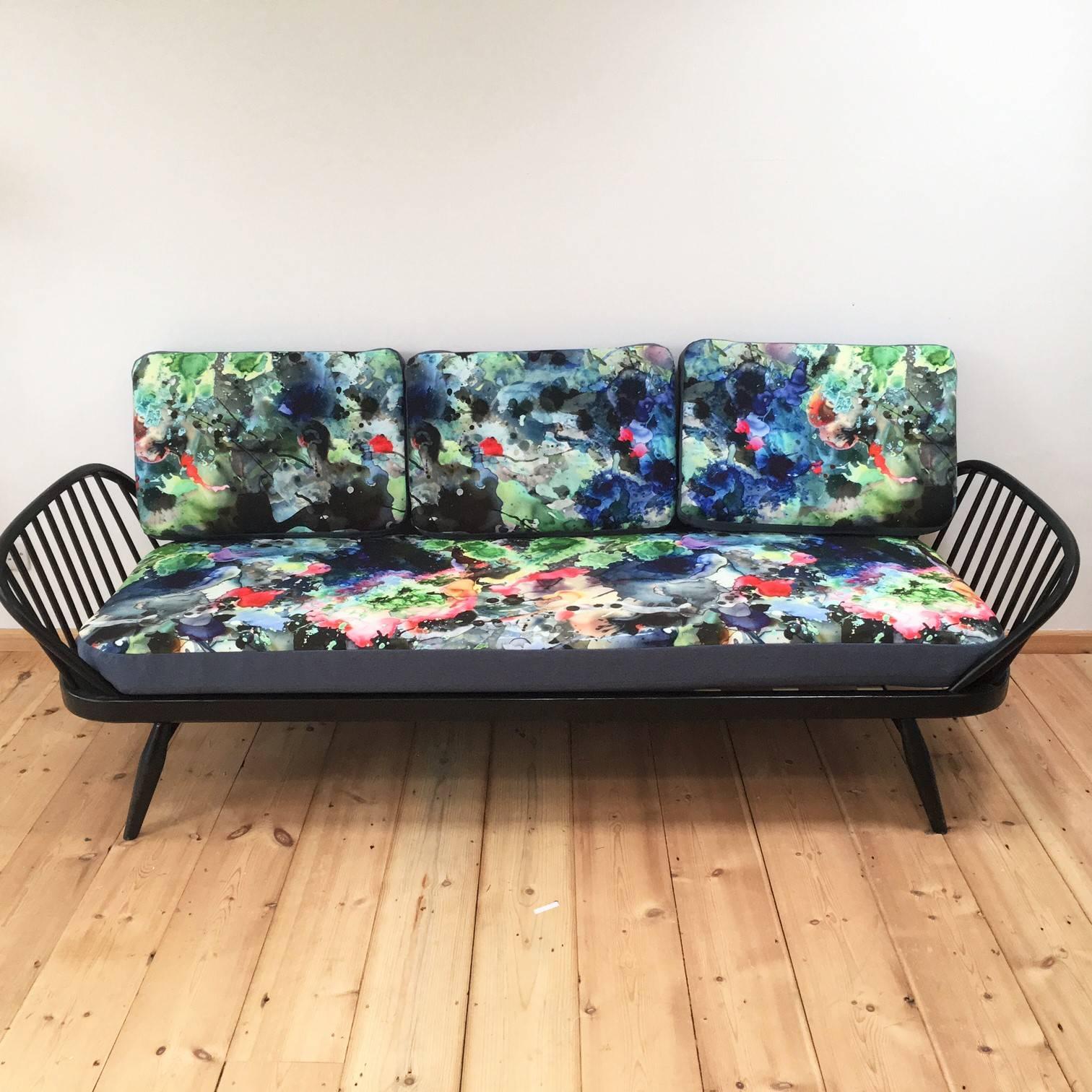 Vintage Ercol Studio couch lovingly refurbished and upholstered in timorous beasties Kaleido Splatt all-over print fabric.
 
The Ercol couch itself has been re-sprayed and is available in either black or white satin paint finish with new webbing