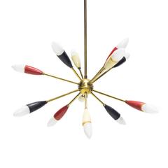 1950s Pair of Brass Sputnik Chandeliers in Stilnovo Style
