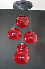 Mid-20th Century Red Murano Glass Five-Ball Chandelier, 1960s
